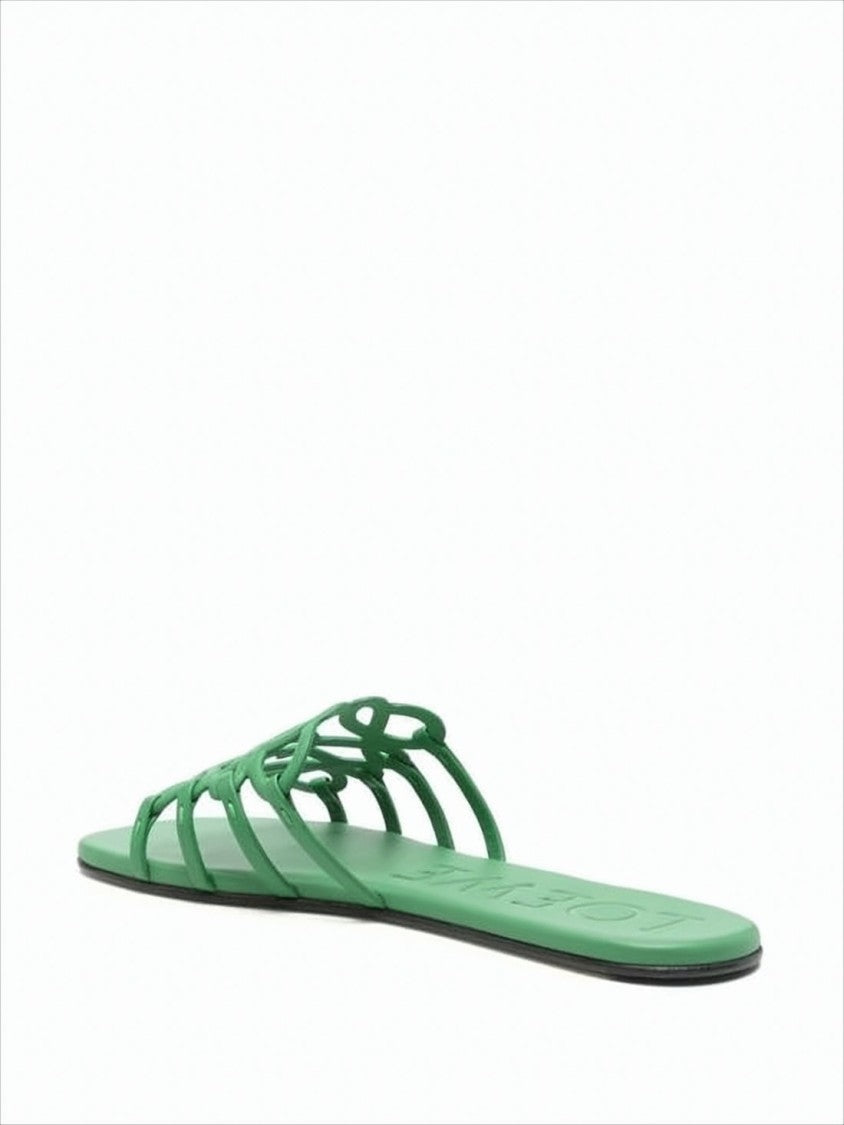 Intricate Loop Strap Green Calf Leather Slide Sandals