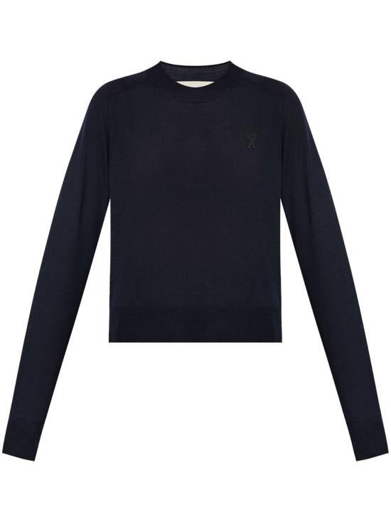 Fitted Black Merino Wool Sweater With Embroidered Logo