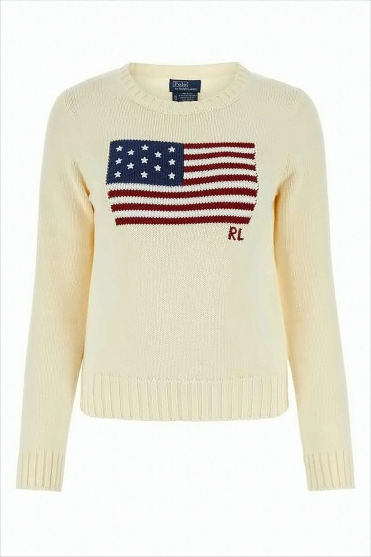 Knit Sweater with Classic American Flag Design and RL Embroidery