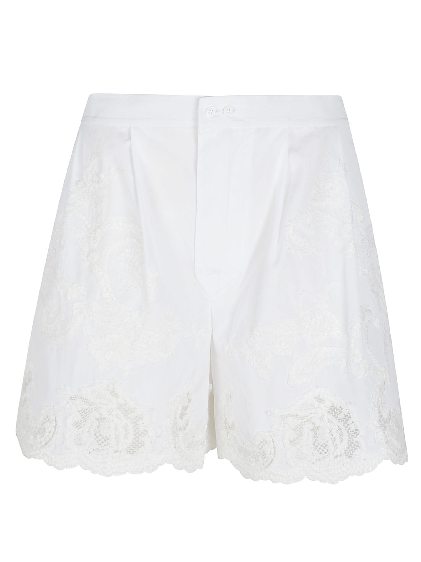 Lace-Overlay White Shorts with Scalloped Hem