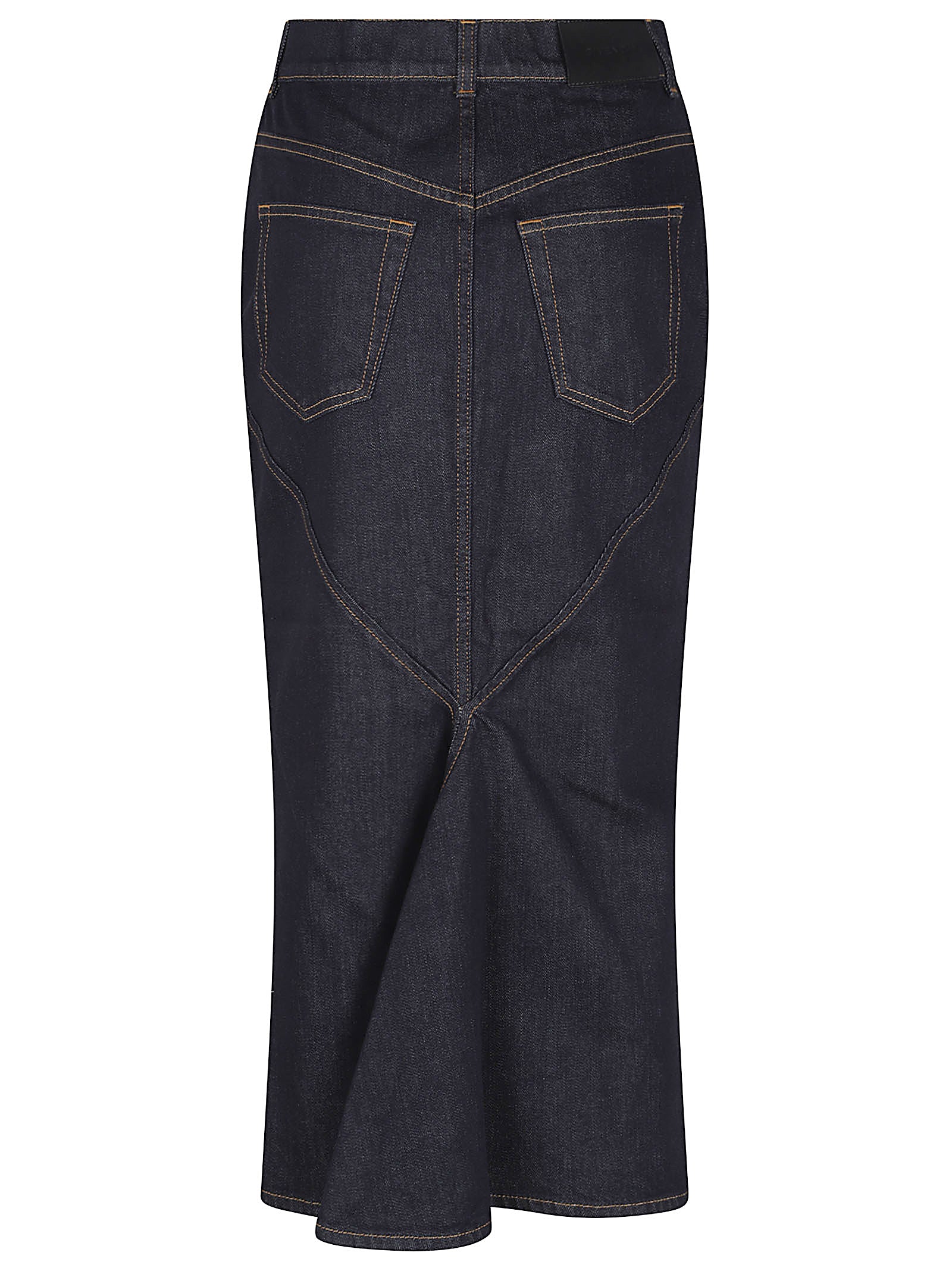 Flared Raw Denim Midi Skirt