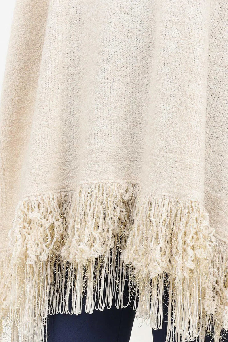 Textured Knit Poncho with Fringed Edges