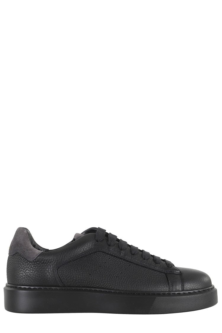 Black Tumbled Leather Sneakers With Suede Heel