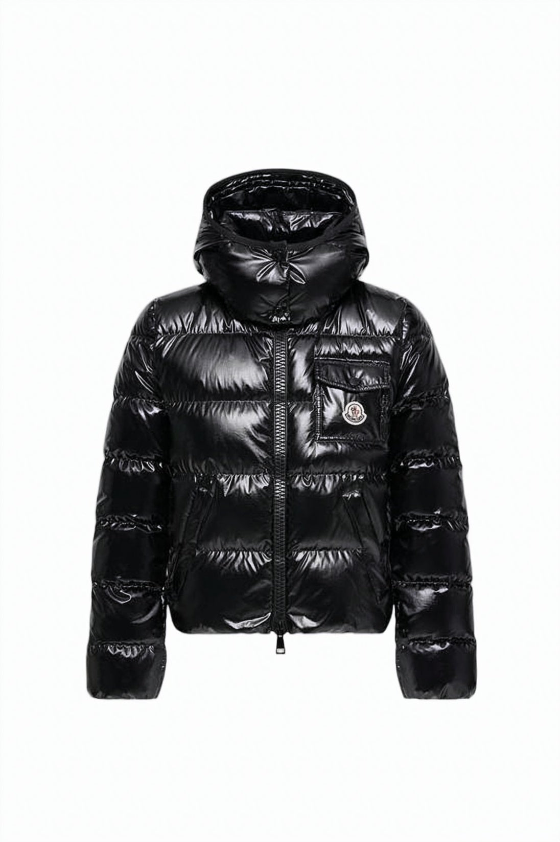 Cropped Shiny Black Puffer Jacket With Horizontal Quilting And Hood