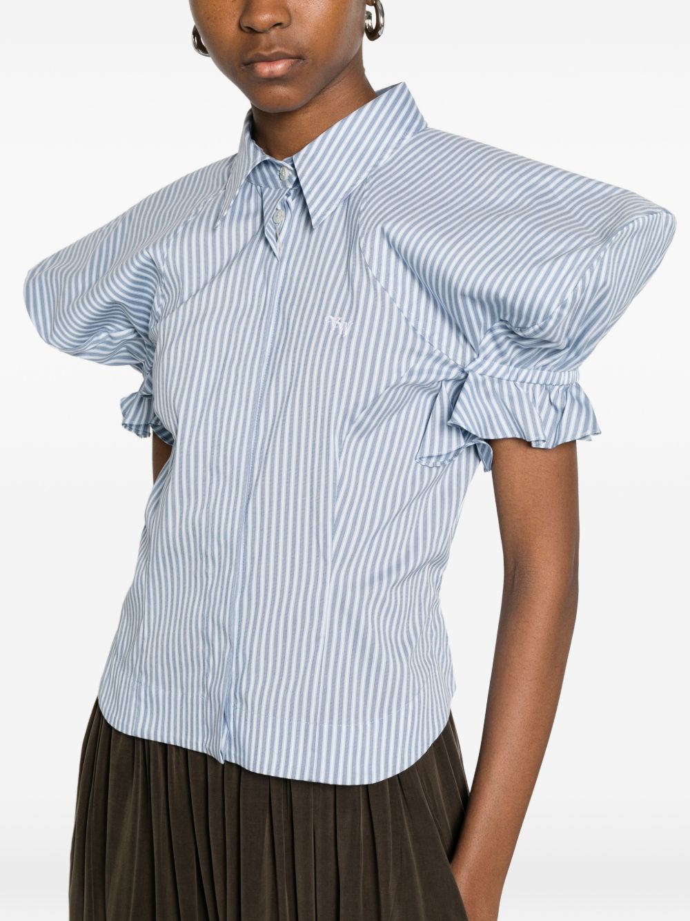 Blue Striped Gathered Sleeve Button Top