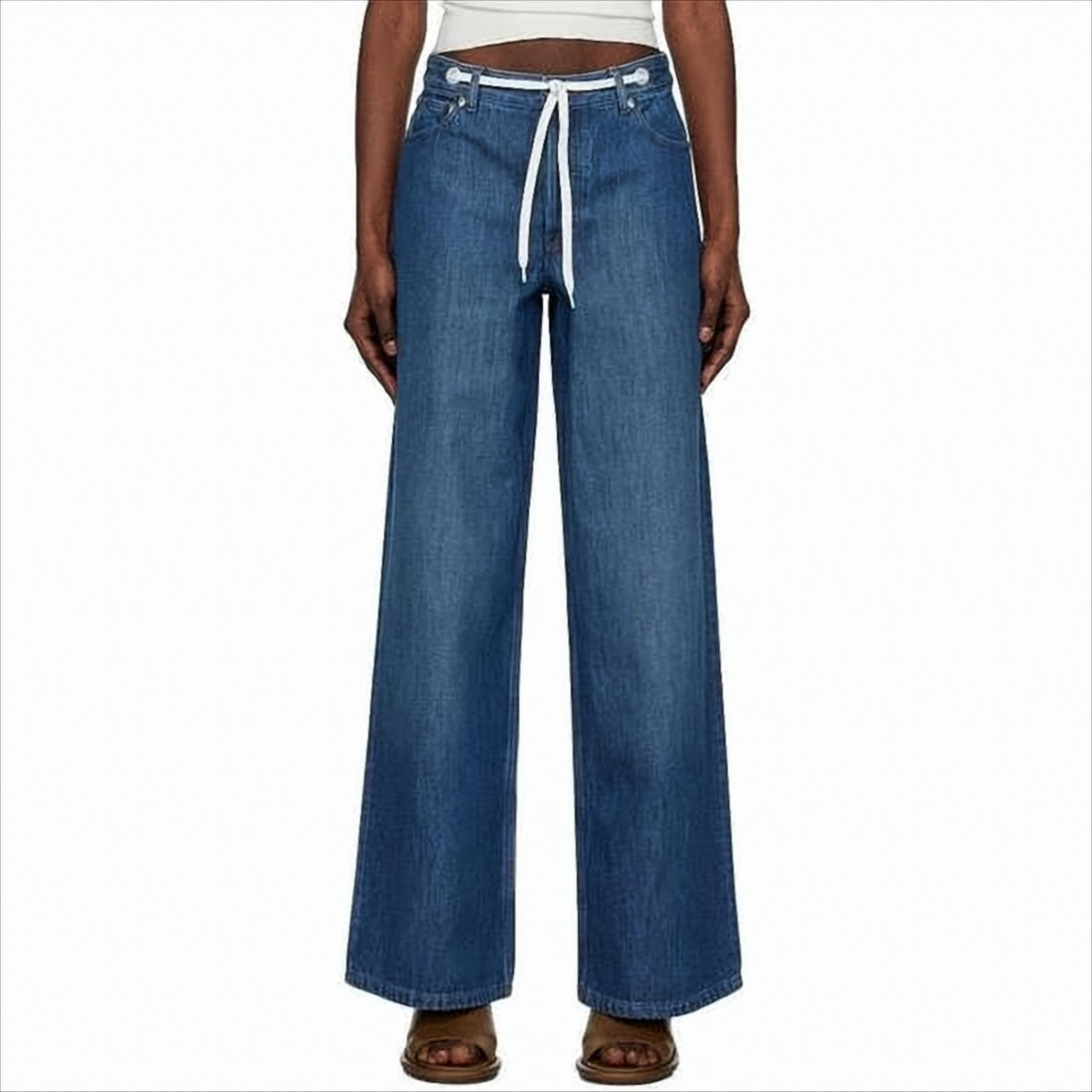 High-Waisted Wide-Leg Denim Pants with Drawstring Belt
