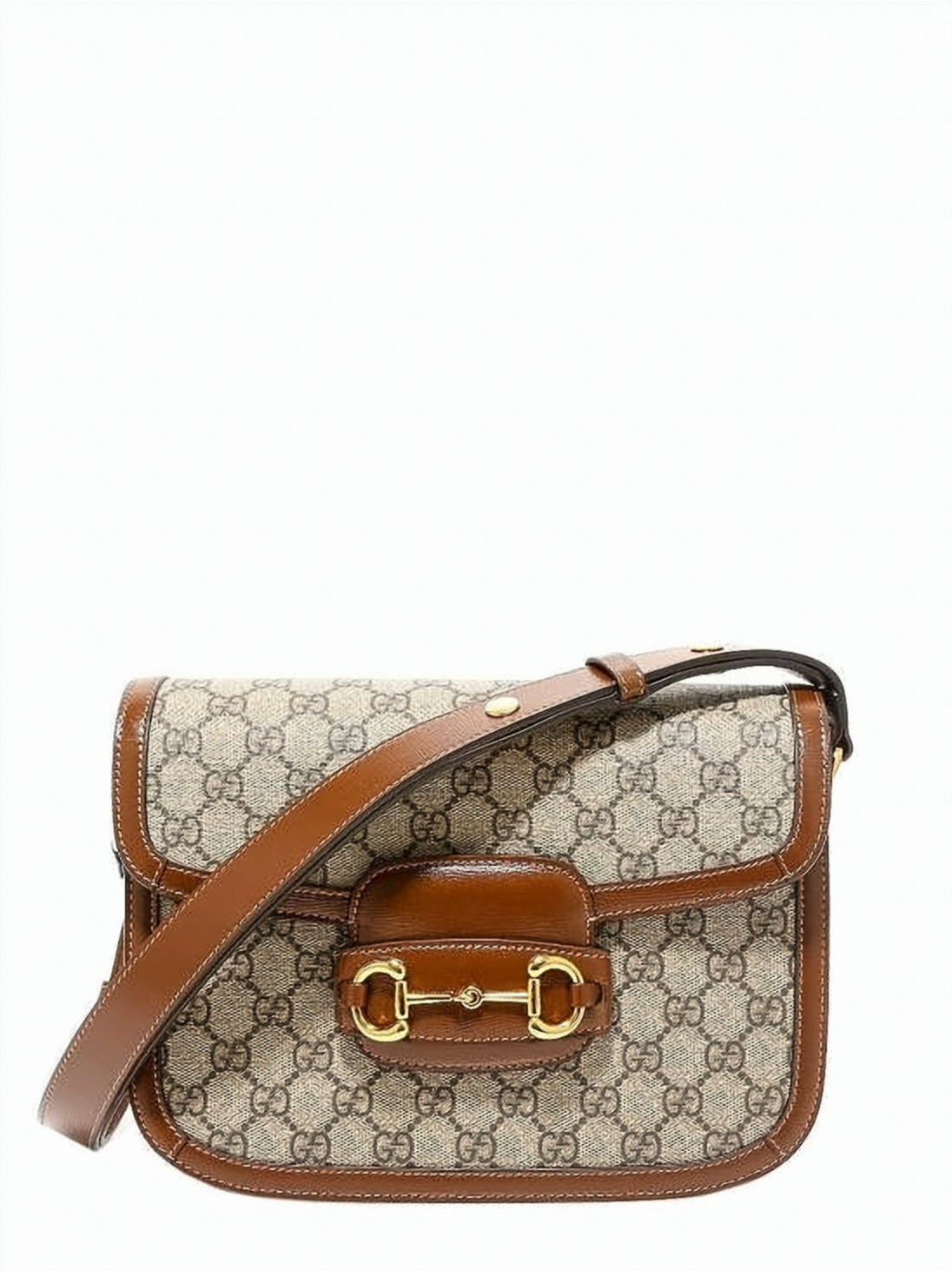 Structured Beige Canvas Horsebit Shoulder Bag with Leather Trimming