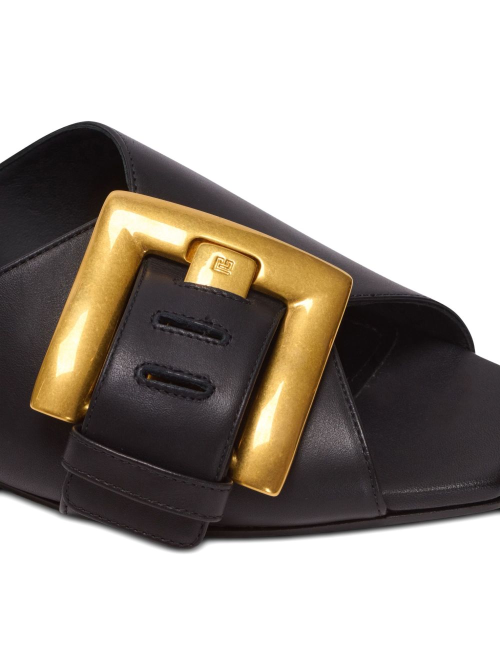 Black Flat Sandals With Bold Gold Buckle