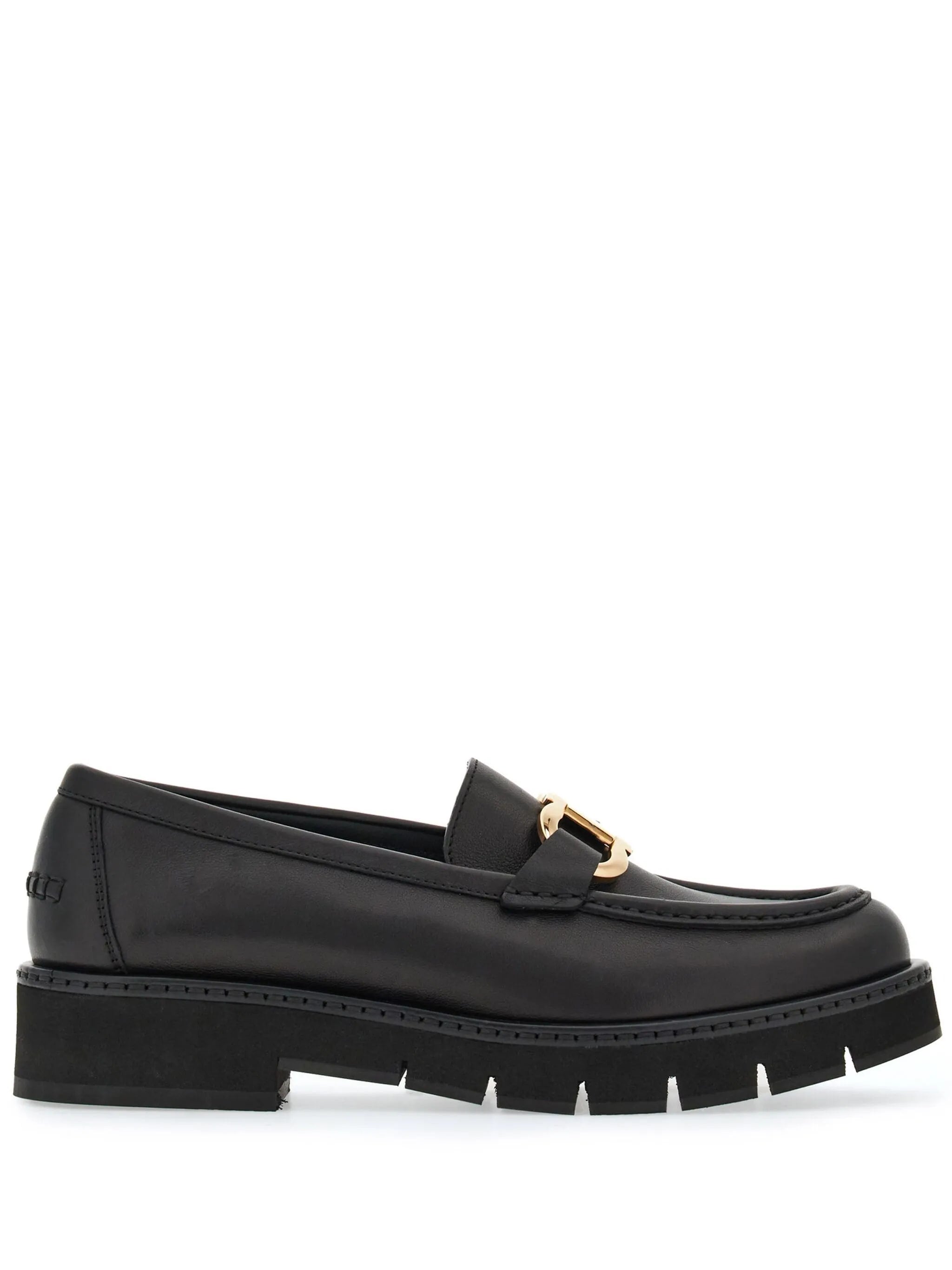 Black Maryan Lug Gancini Plaque Moccasins