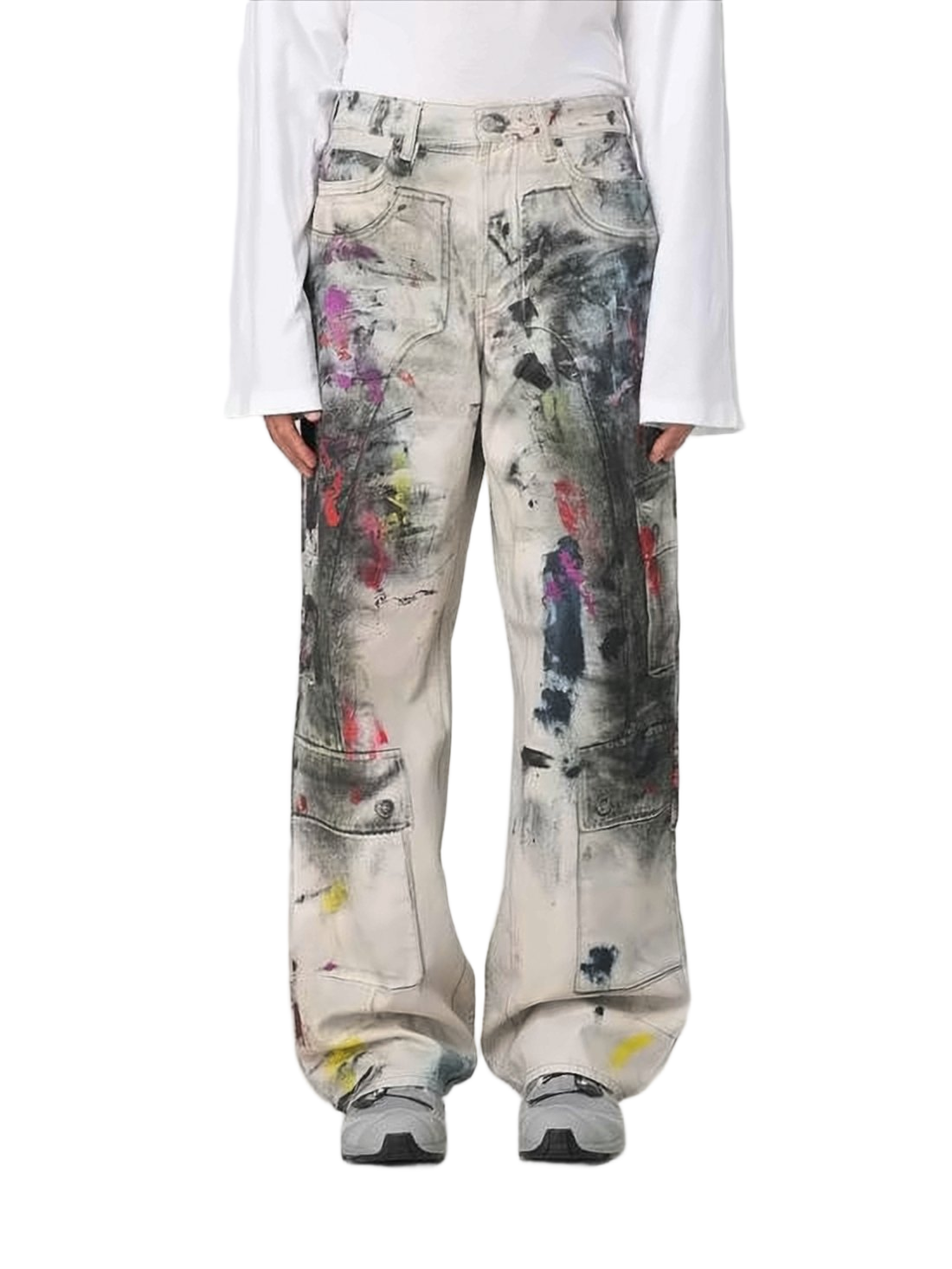 Paint-Splattered Loose-Fit Straight Pants with Multiple Pockets