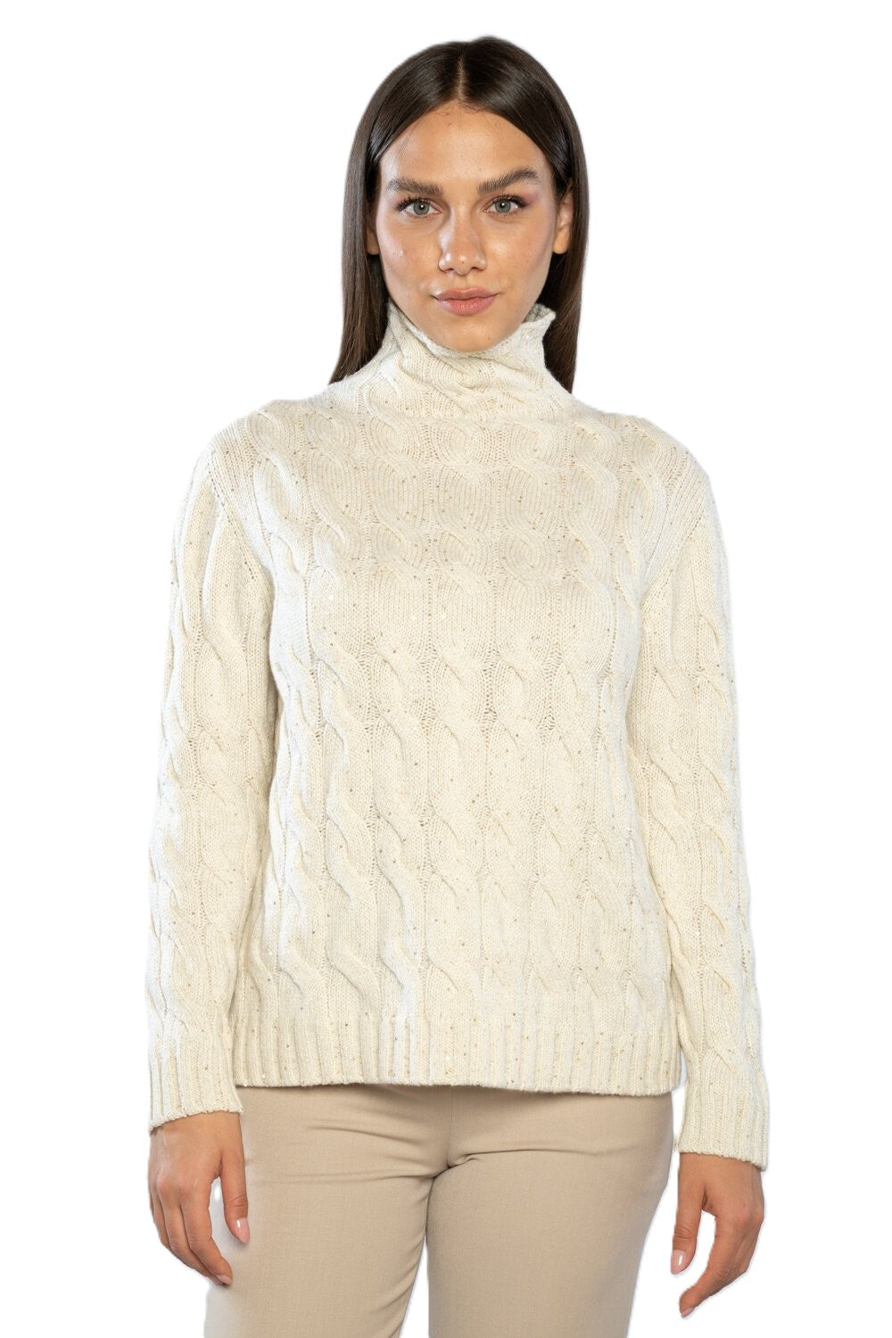 Ivory Cable-Knit Turtleneck Sweater With Braided Pattern