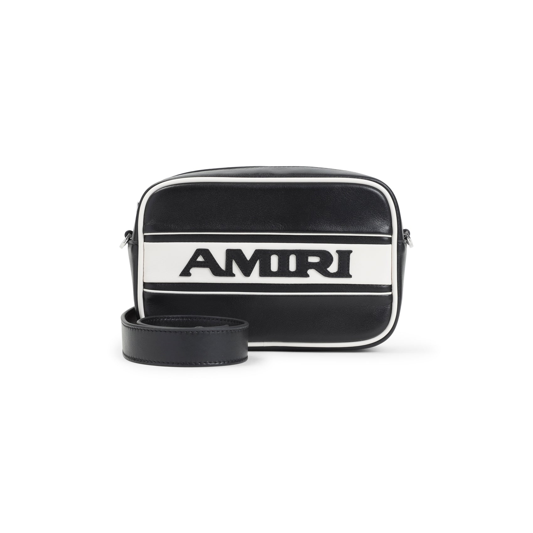 Compact Black Leather Shoulder Bag With White Accents And Bold Logo