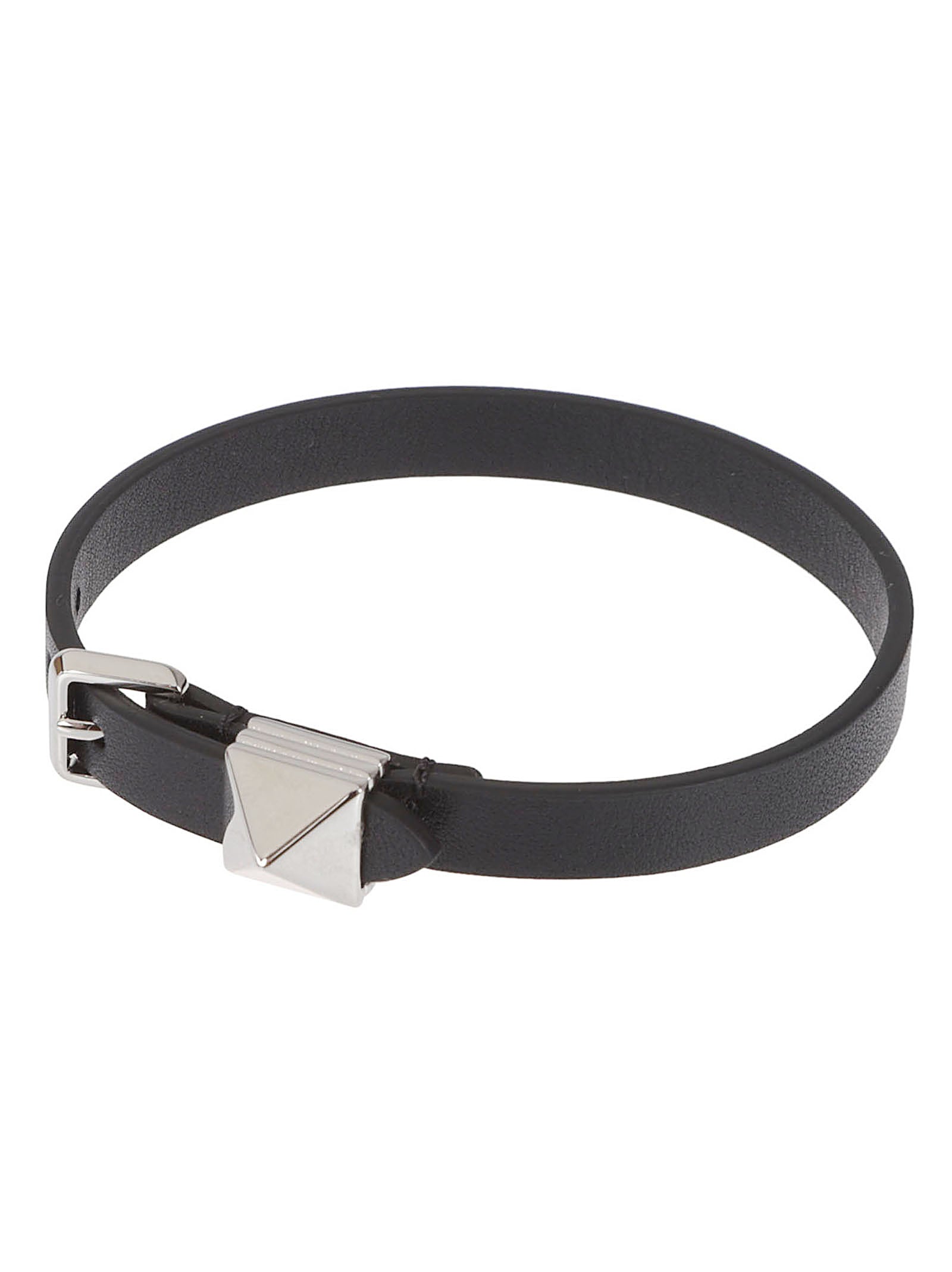 Black Leather Bracelet With Platinum Finishes