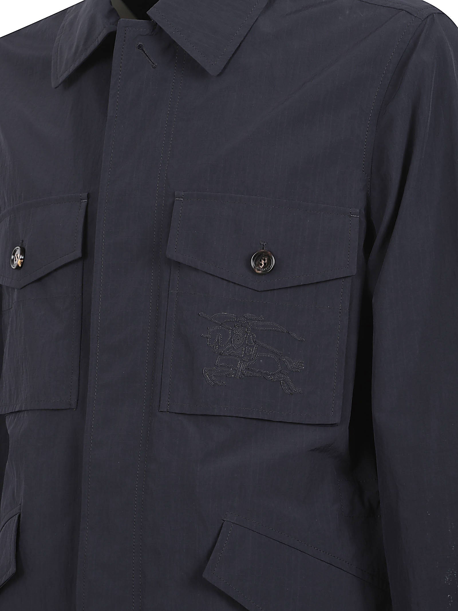 Structured Blue Polyamide Coat with Classic Collar