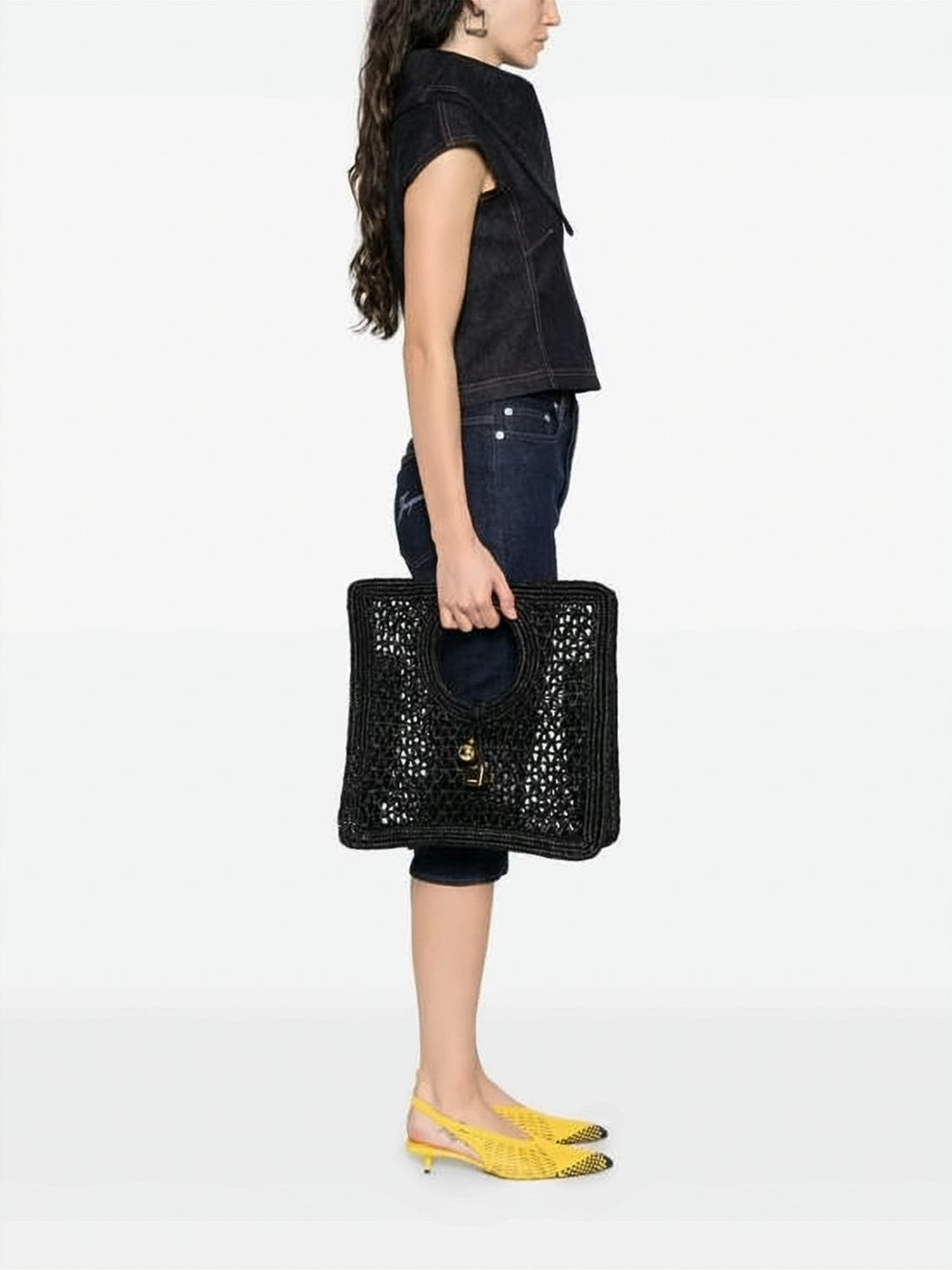Intricately Woven Raffia Tote Bag with Gold-tone Charms