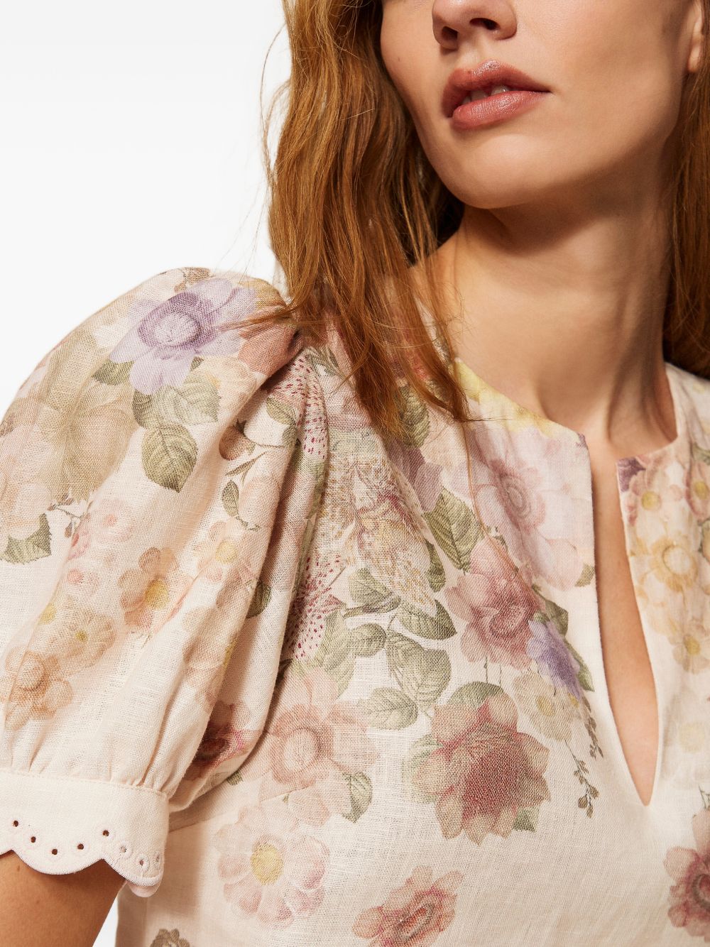 Short-Sleeved Floral Print Top with Scalloped Details