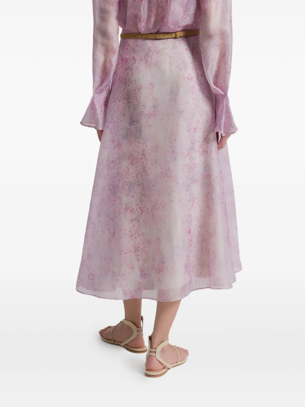 Pastel Floral Print Midi Skirt in Sheer Organza