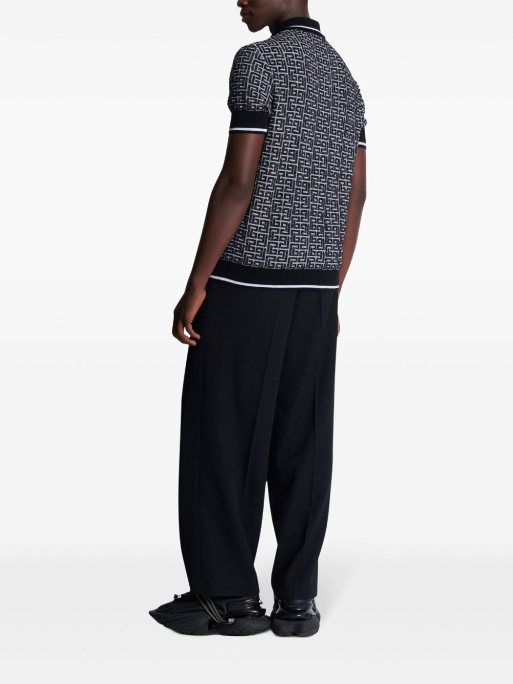 Patterned Jacquard Short-Sleeve Polo Shirt in Merino Wool Blend