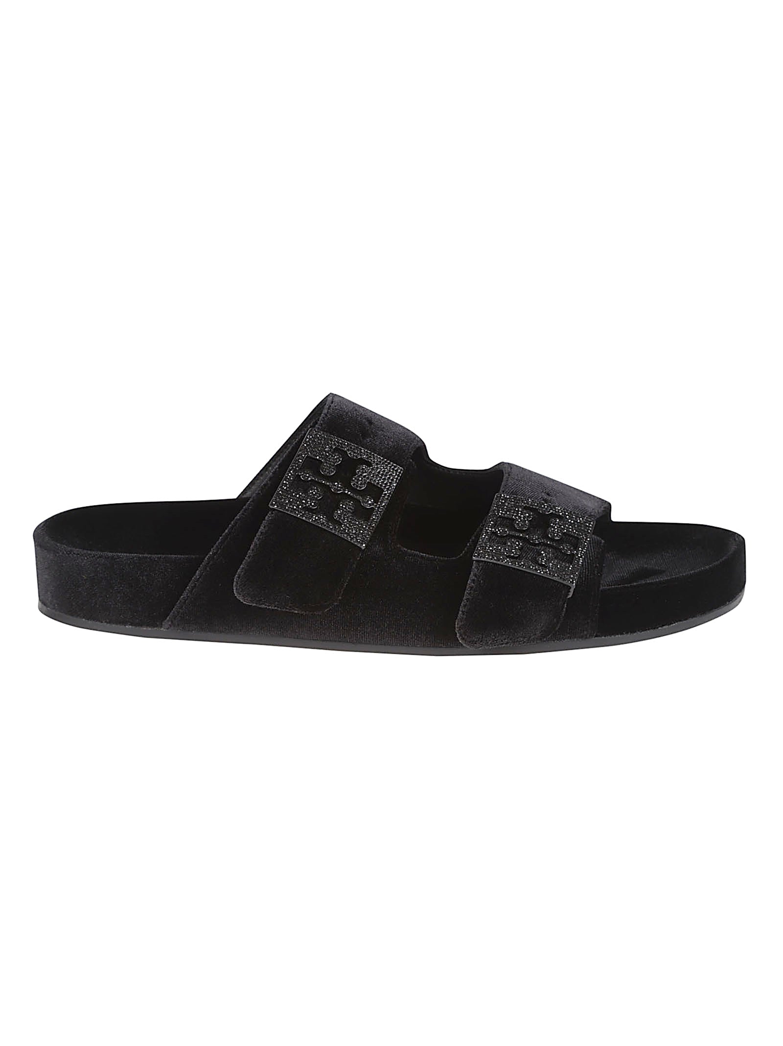 Black Velvet Two-Strap Sandals With Pave-Embellished Hardware