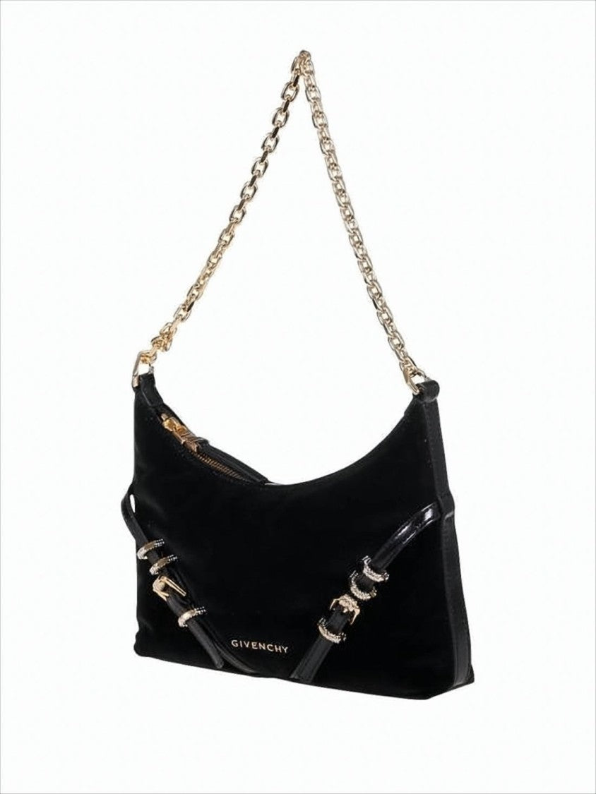 Cotton Canvas Shoulder Bag with Gold-tone Chain and Elegant Accents