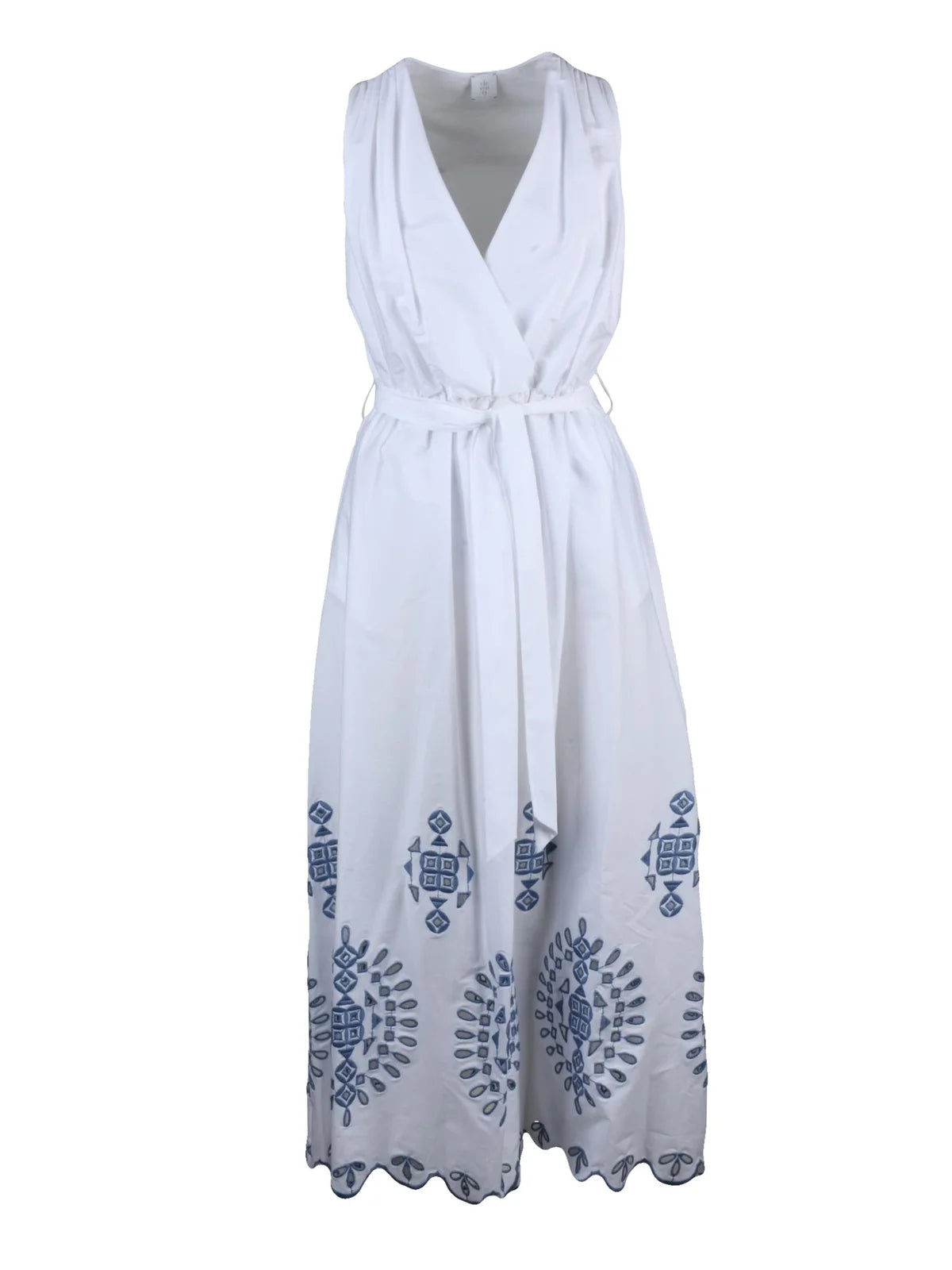 White Blue Cotton Elastane Long Embroidered Dress