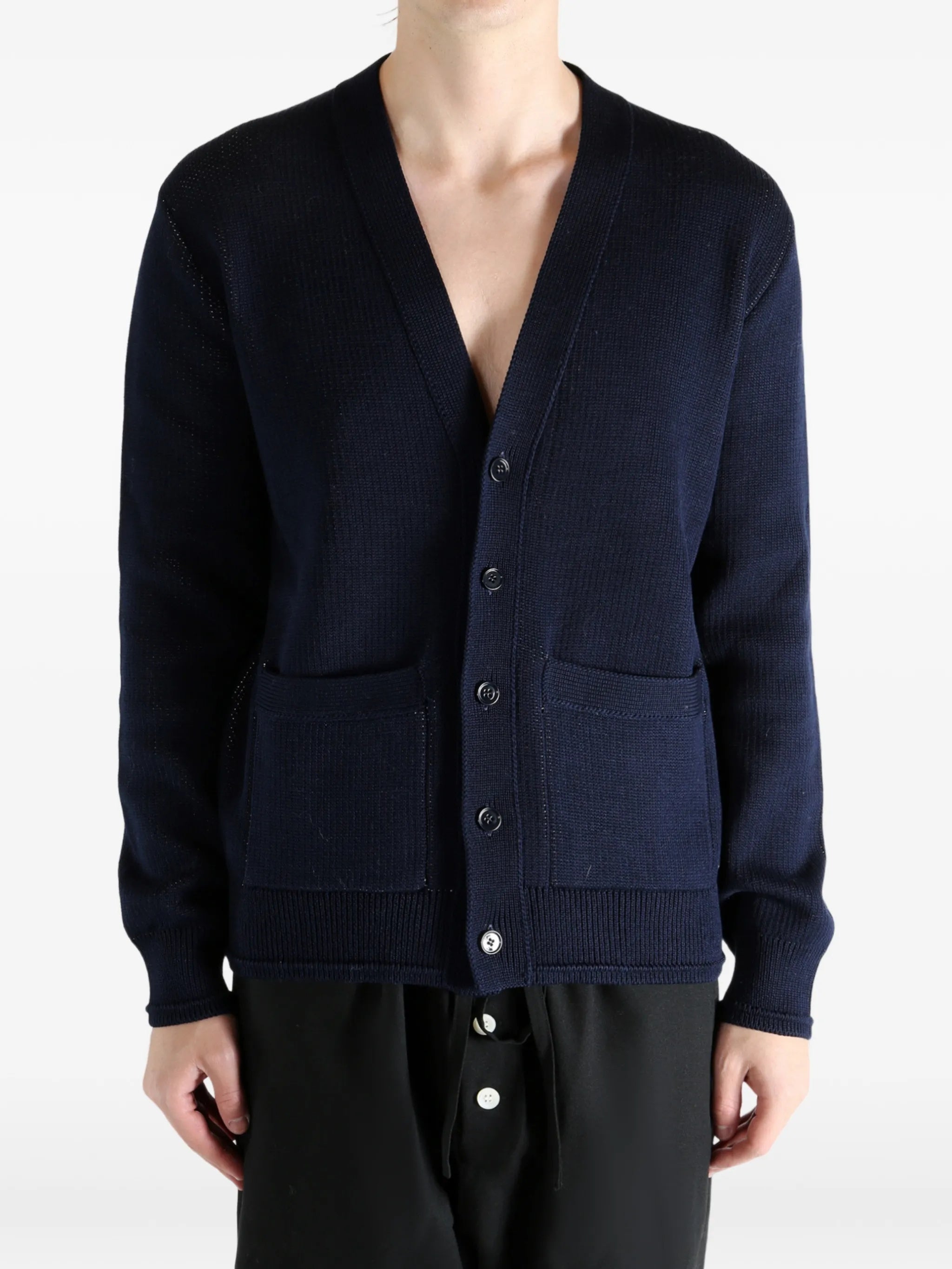 Deep V-Neck Embossed Ribbed Cotton Cardigan