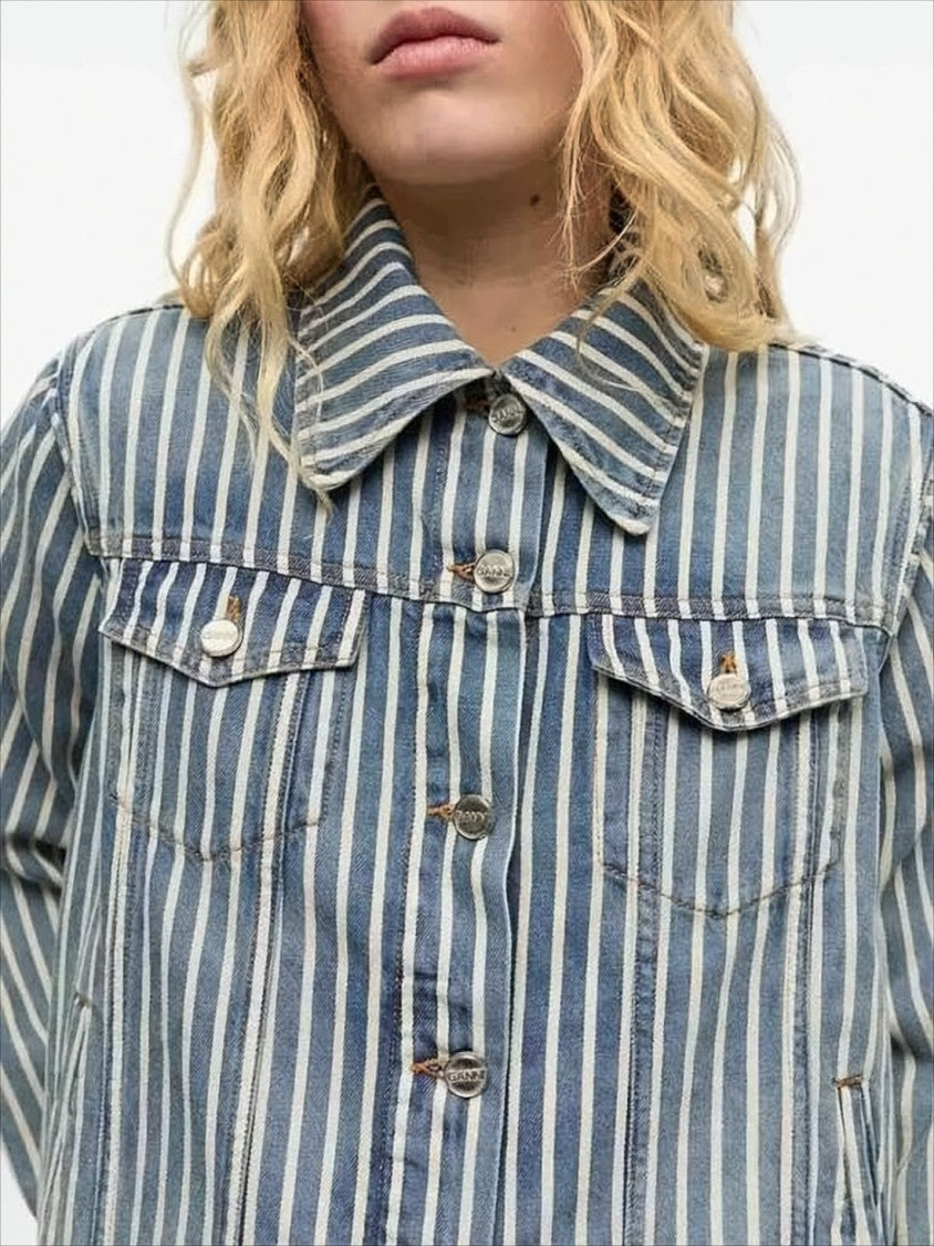 Cropped Denim Jacket with Vertical Stripes