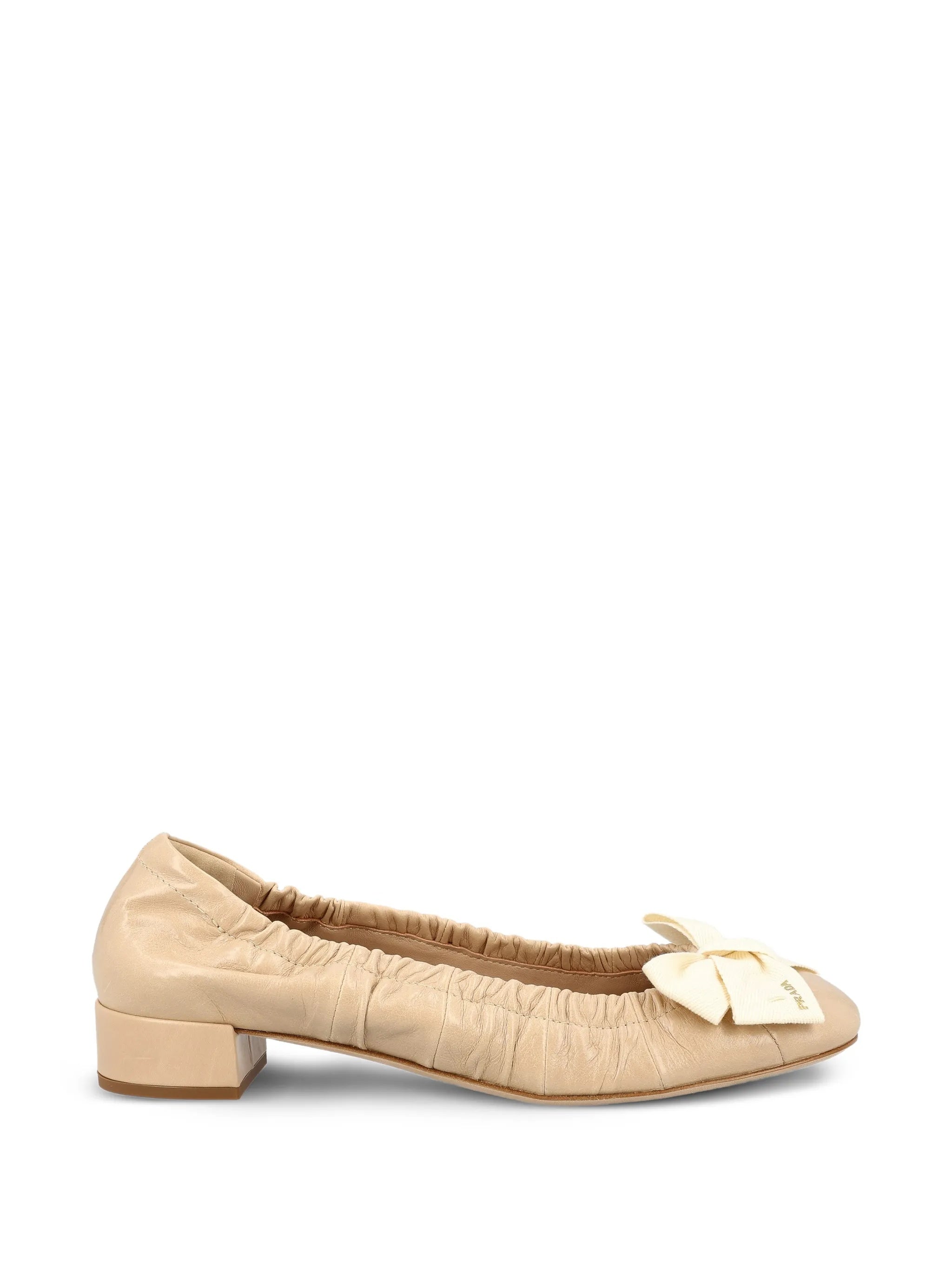 Beige Decolette Ruched Leather Flats