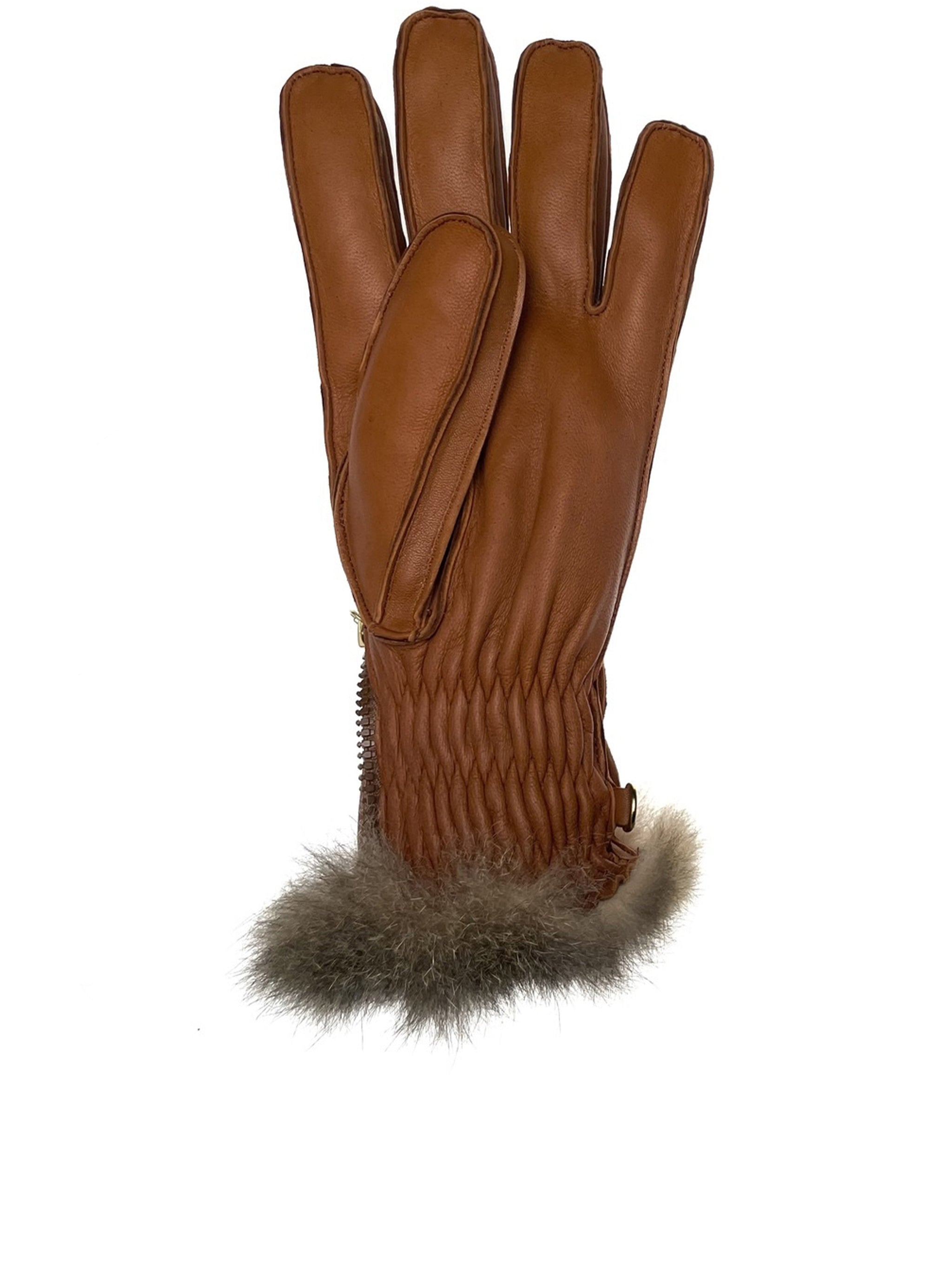 Brown Nappa Opossuy Fur-Trim Gloves