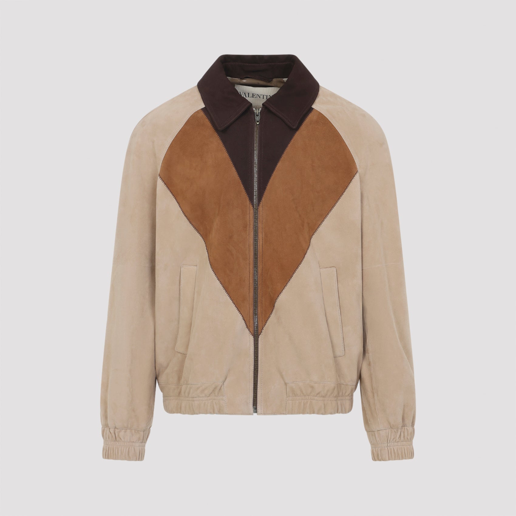 V-Shaped Color Block Jacket In Suede Leather