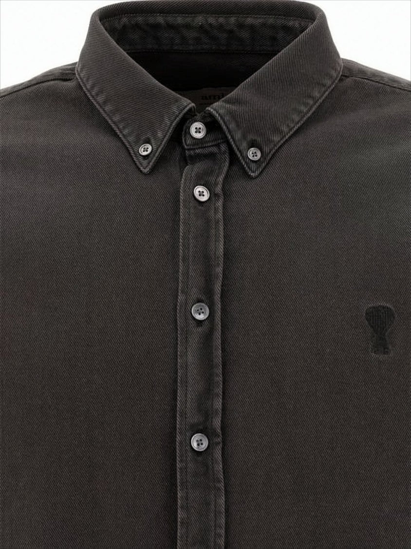 Long Sleeve Black Cotton Button-Down Shirt With Embroidered Logo