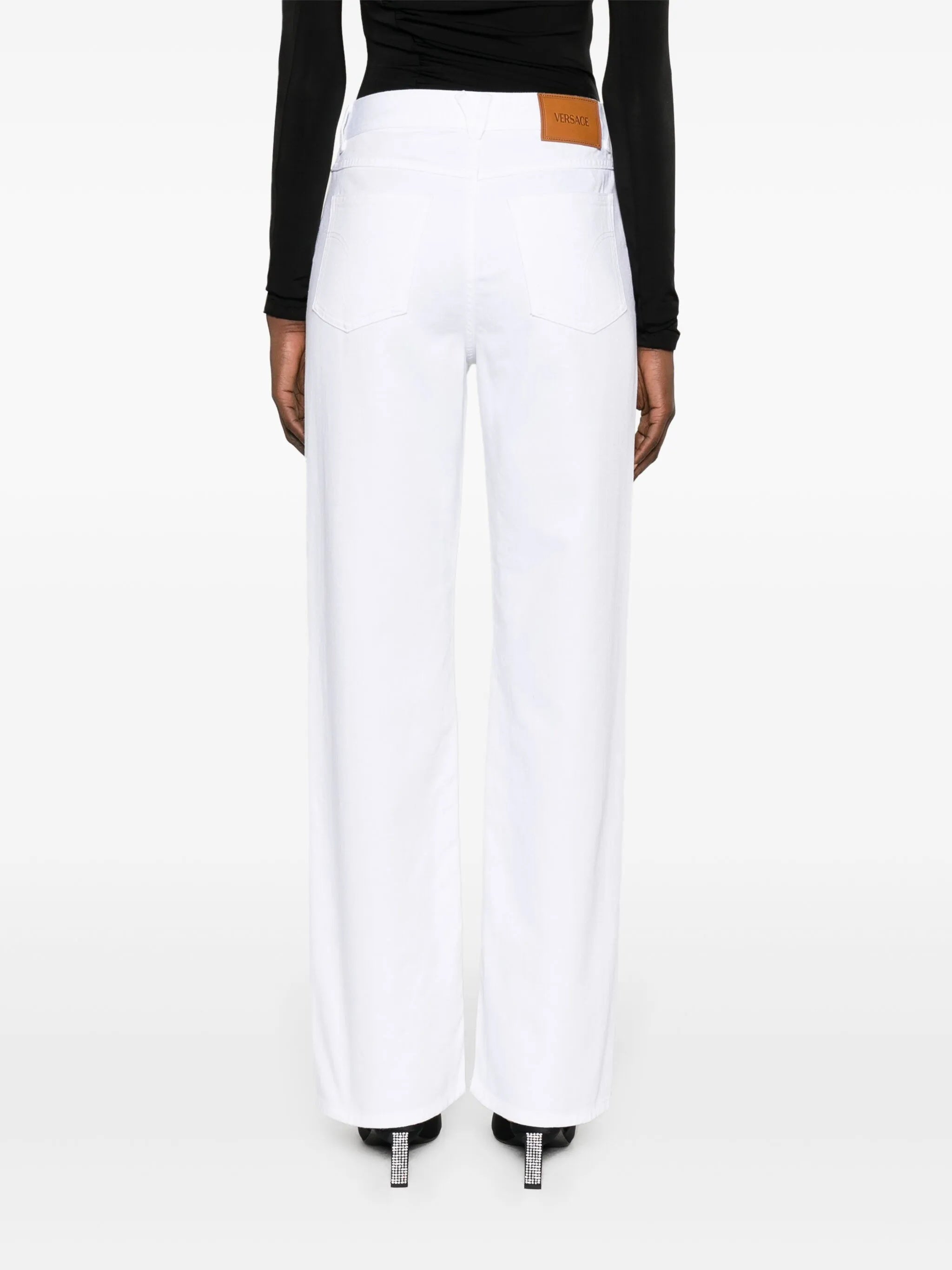 White Wide-Leg Gold Hardware Denim Jeans