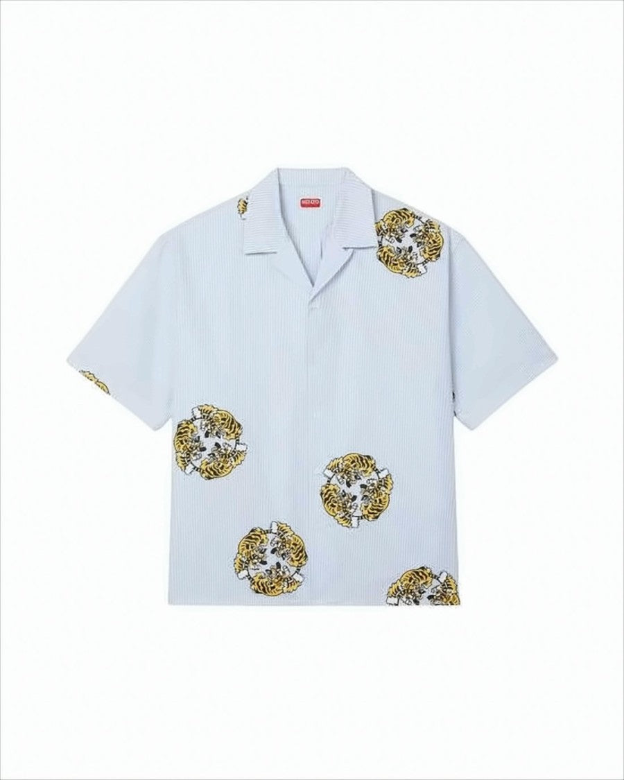 Short-Sleeved Light Blue Shirt with Tiger Motifs