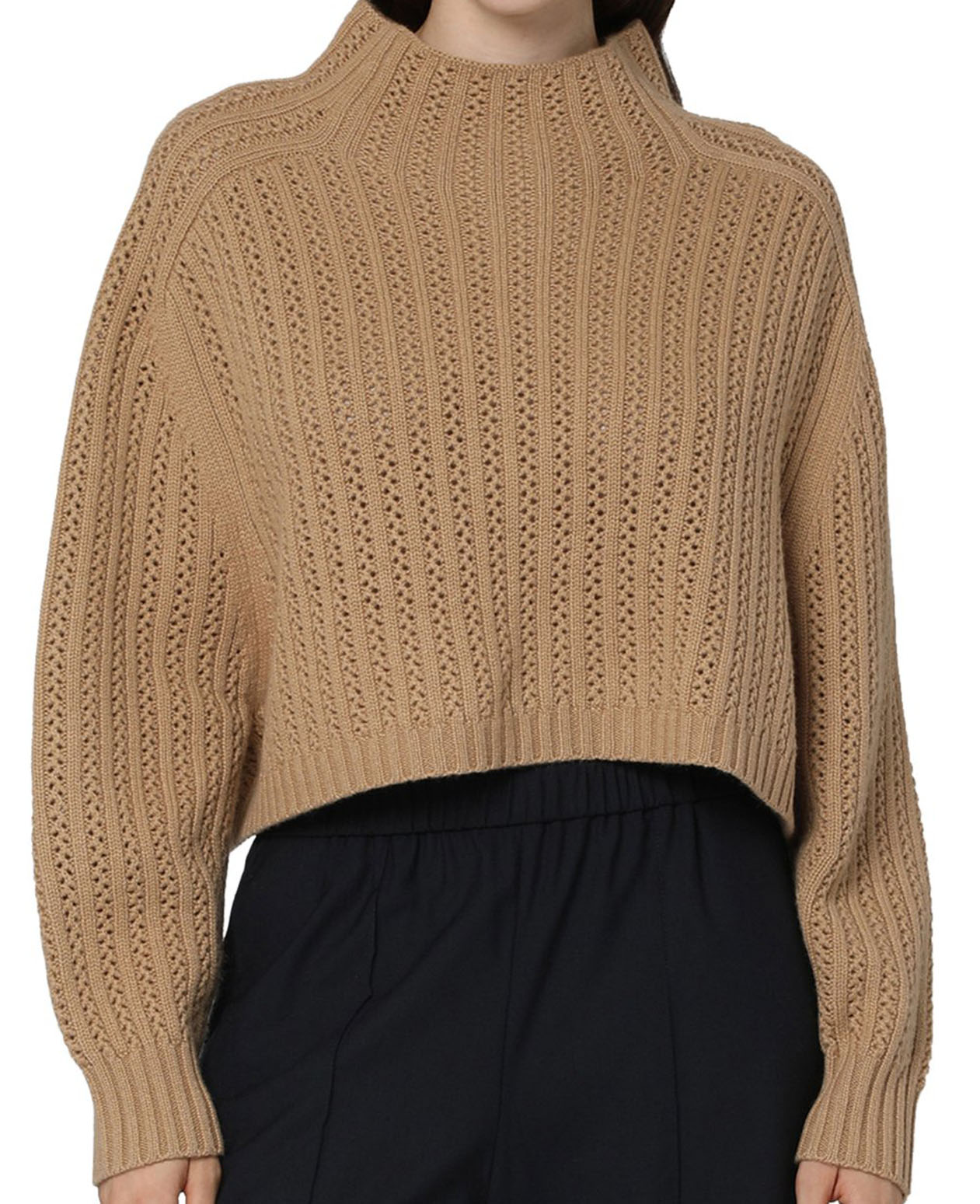 Textured Cable Knit Sweater with High Neckline