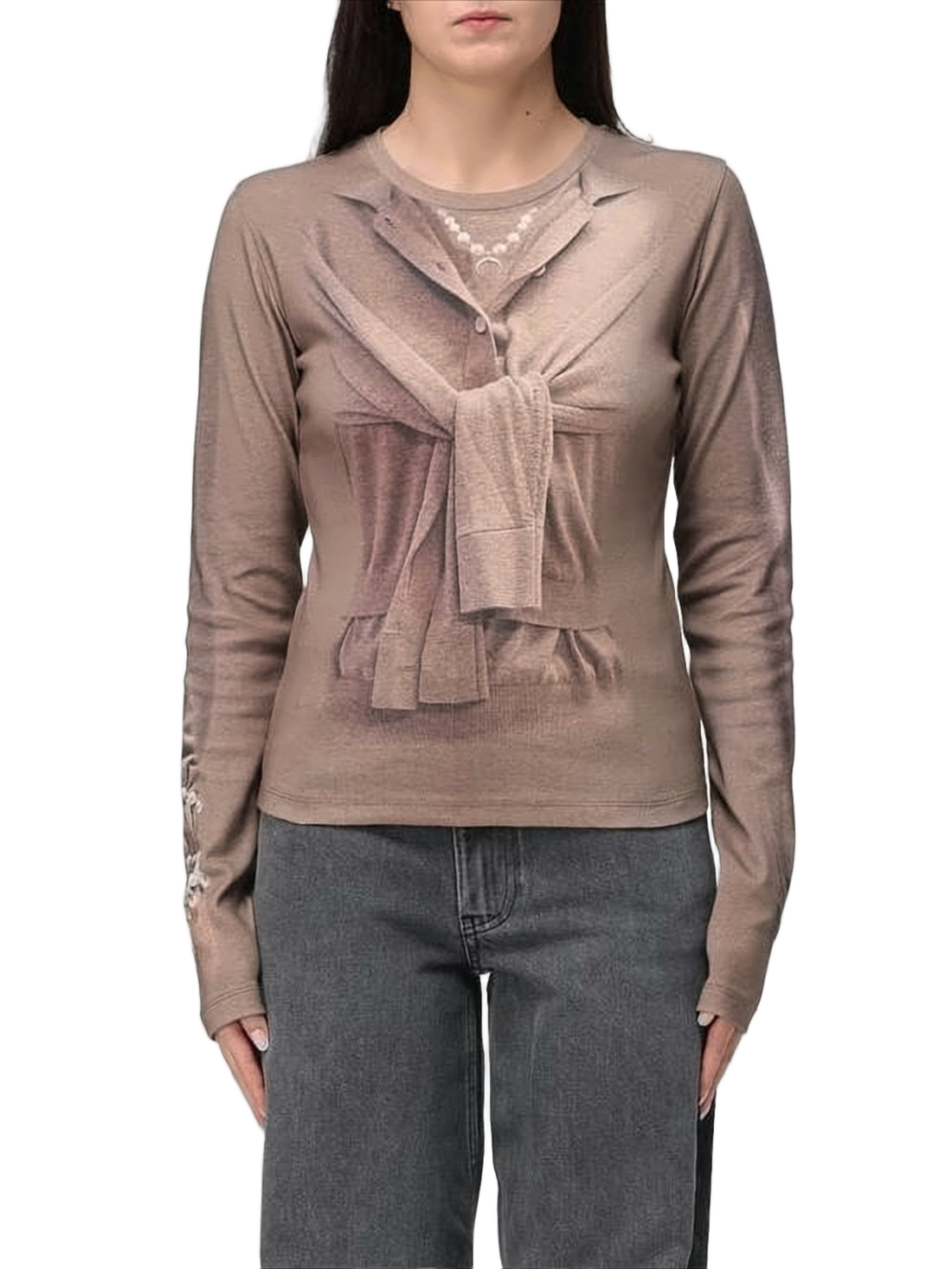 Fitted Long-Sleeved Top with Trompe-l'oeil Print