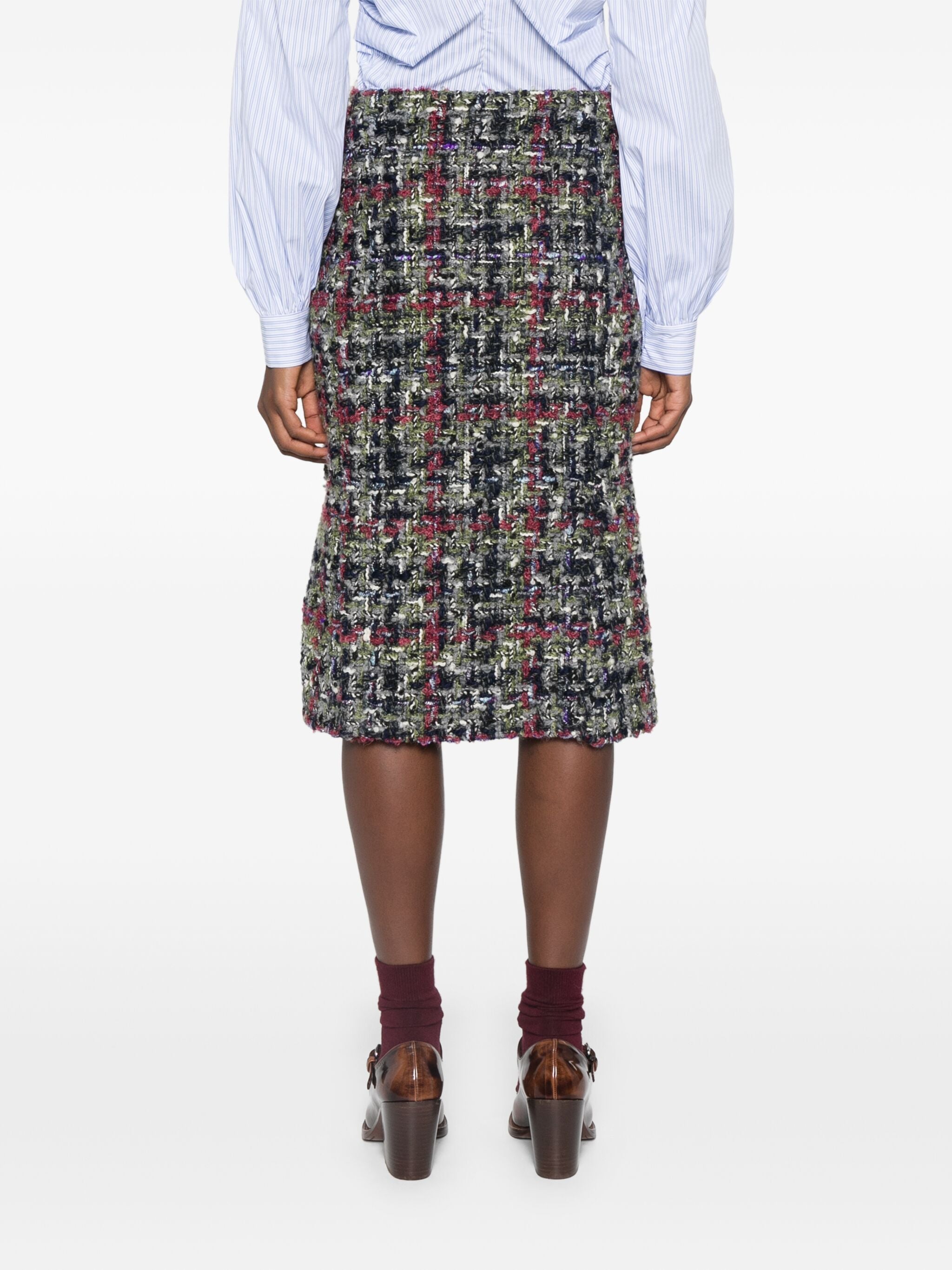 Multicolor Knee-Length Textured Wool Tweed Skirt