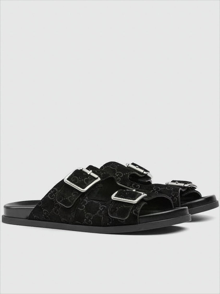 Monogram-Patterned Black Suede Sandals