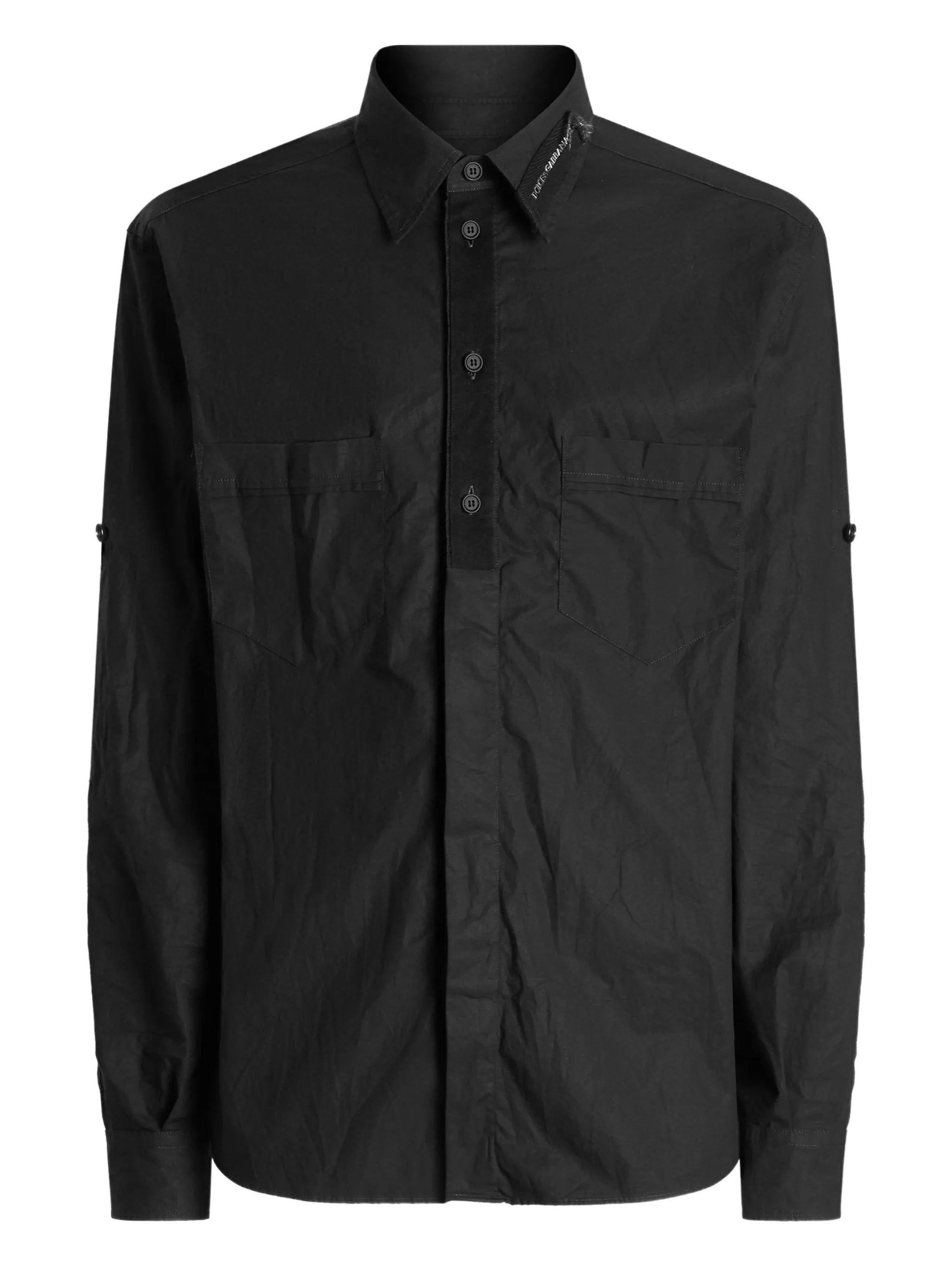 Long-Sleeve Black Cotton Button Tab Shirt