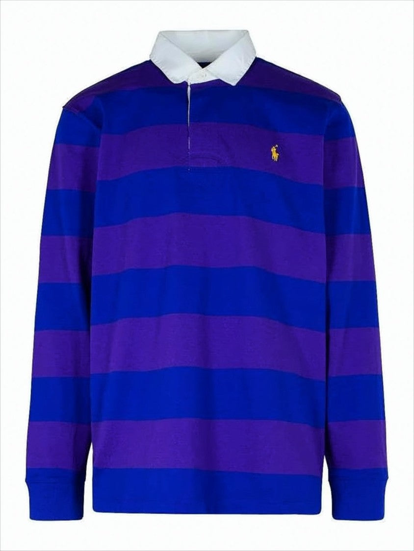 Long-Sleeve Polo Shirt with Horizontal Stripes and Classic Collar