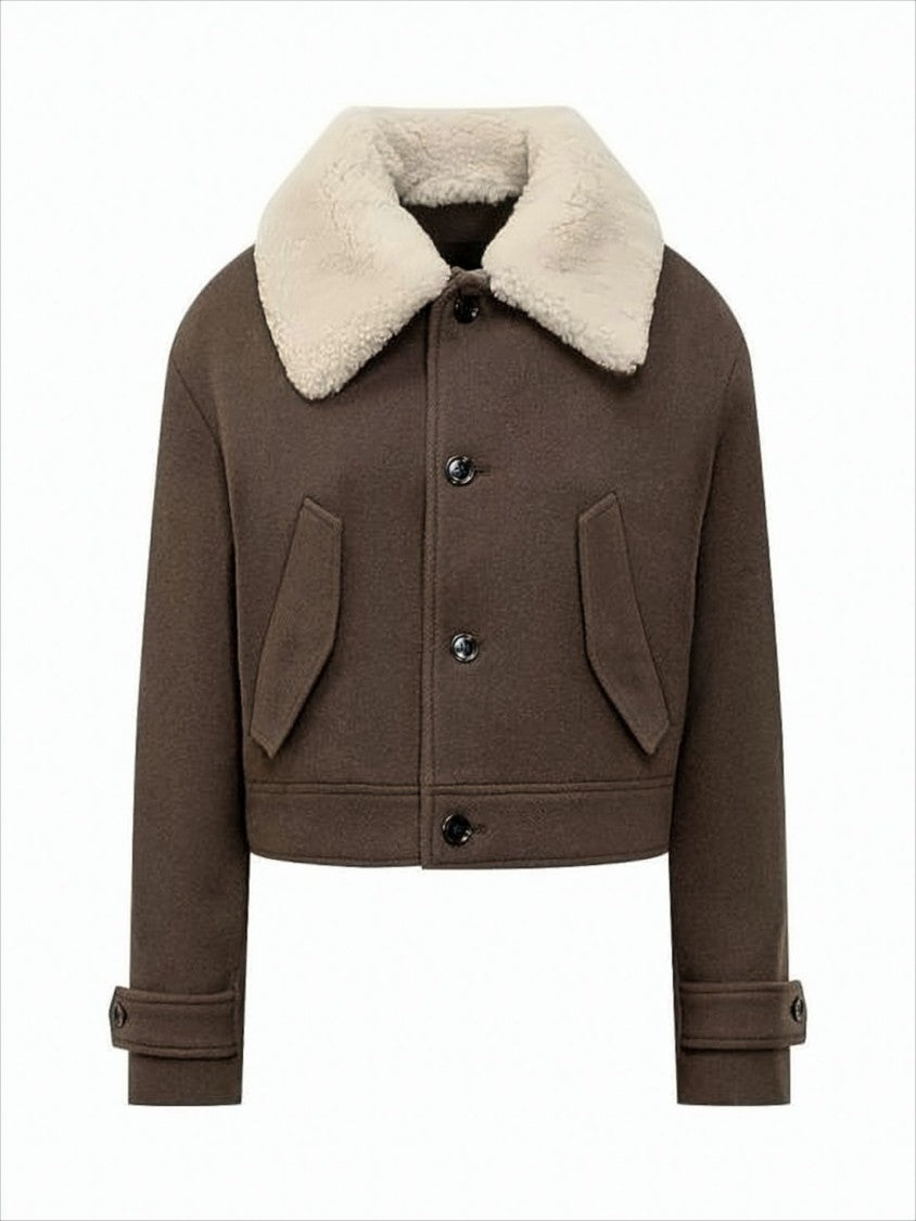 Cropped Wool Jacket With Plush Shearling Collar