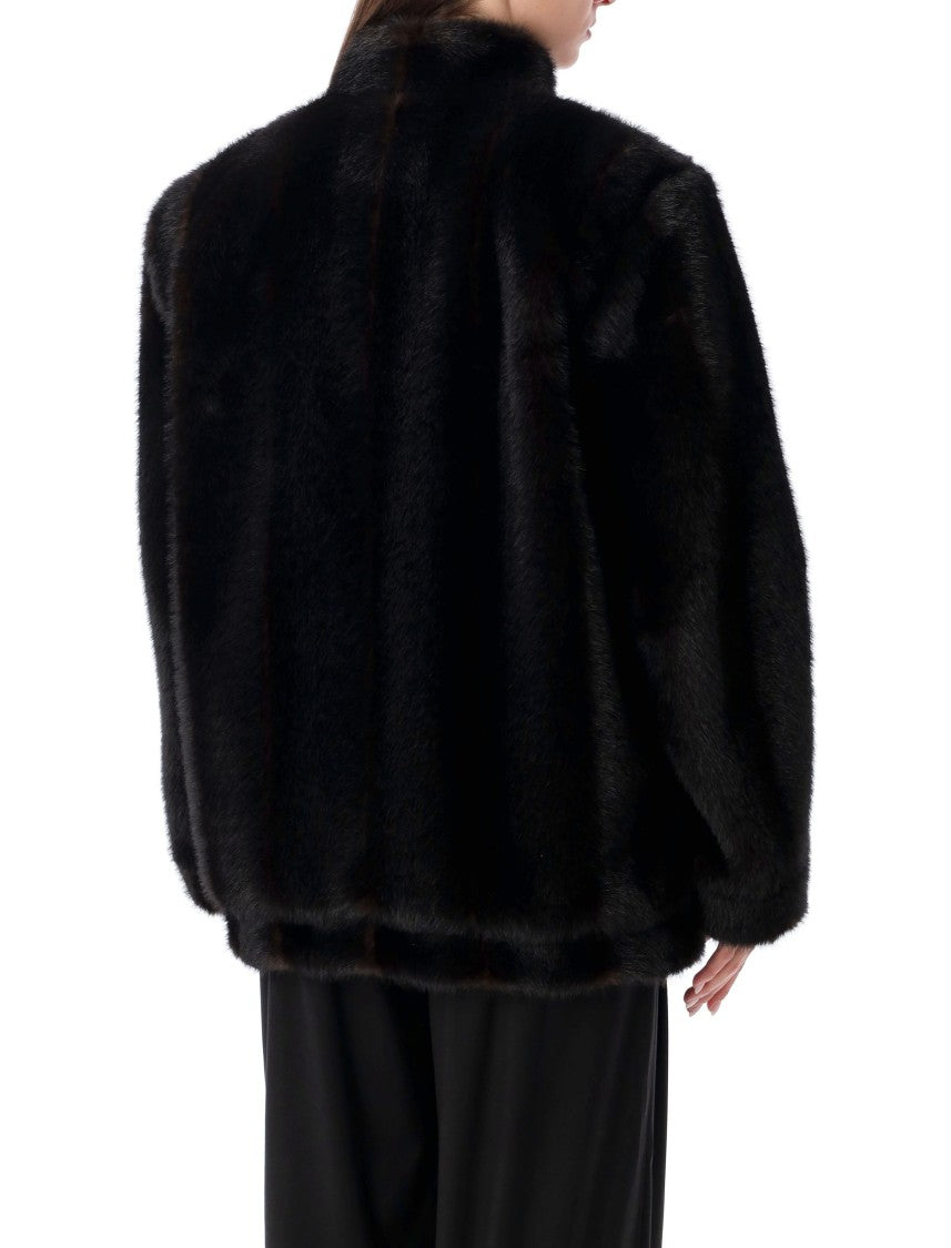 Plush Black Faux Fur Jacket With High Collar