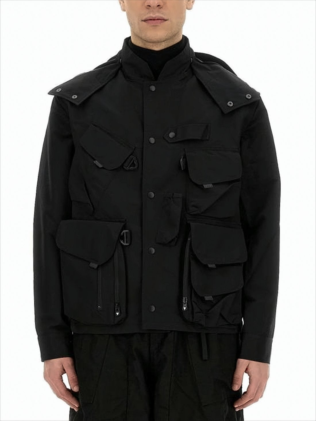 Structured Black Utility Jacket with Layered Design