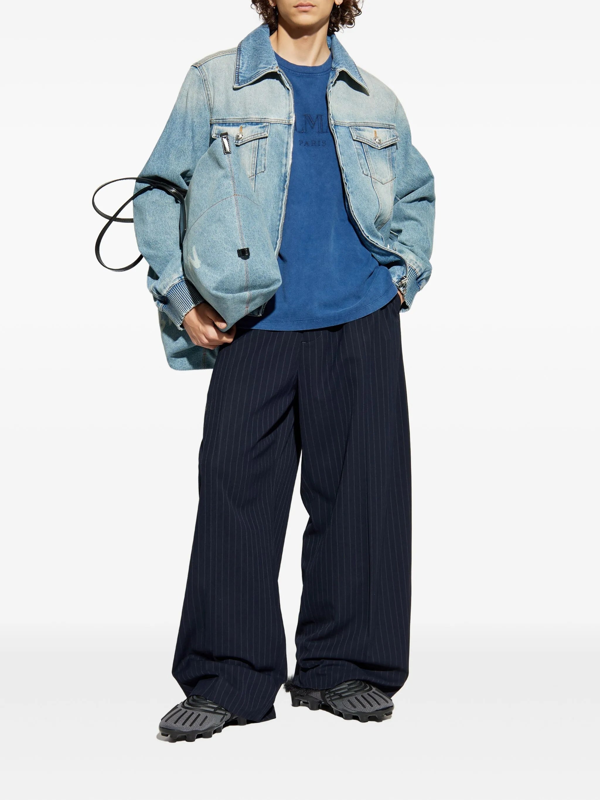 Washed Blue Loose Ss Embroidered T-Shirt