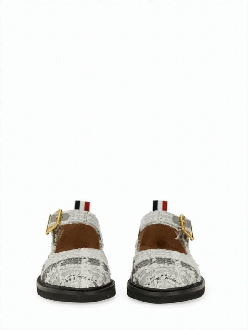 Textured Fabric Mary Jane Flats with Gold-tone Buckle