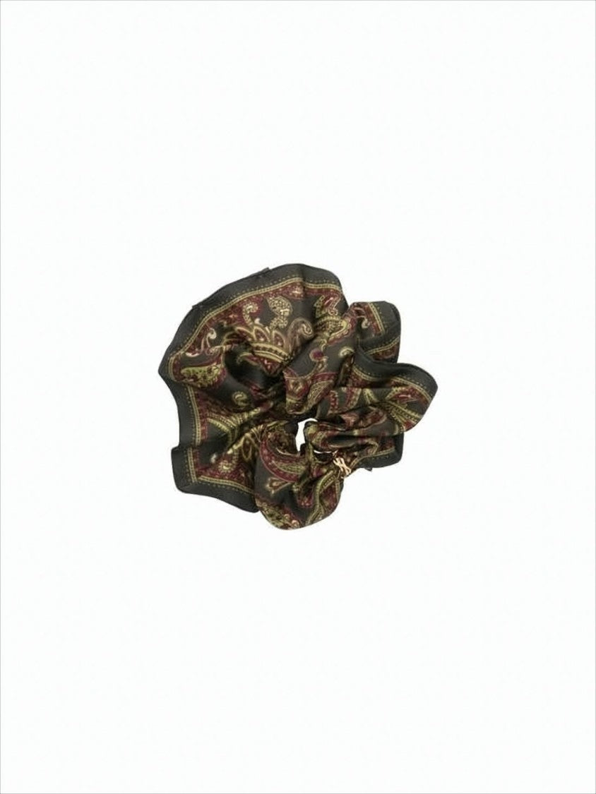 Intricate Paisley Silk Scrunchie with Metallic Charm