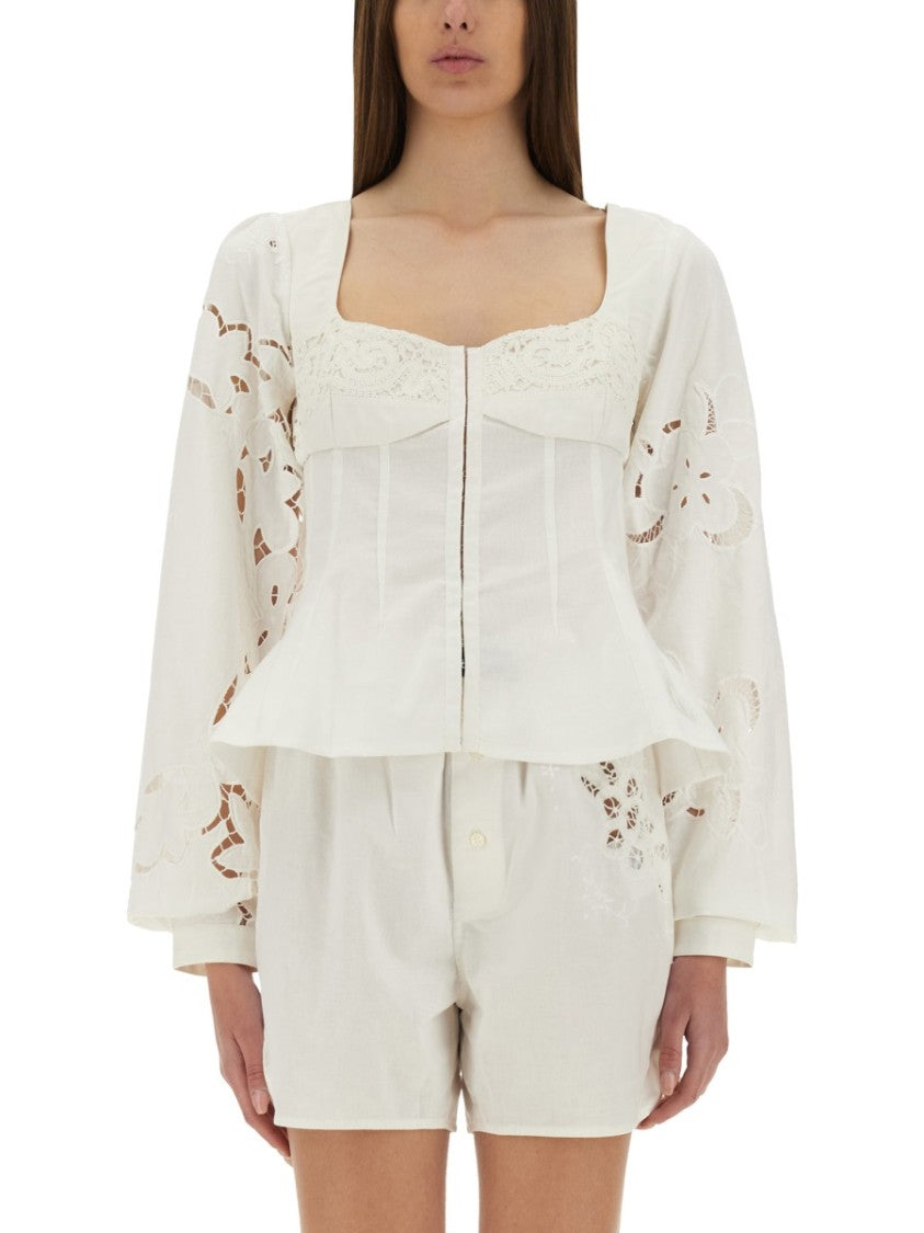 Fitted White Top With Square Neckline And Floral Embroidery