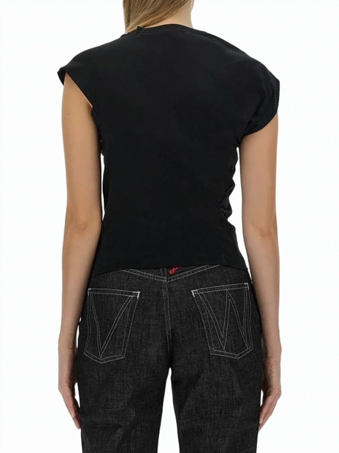 Structured Black Short-Sleeved Top with Padded Shoulders