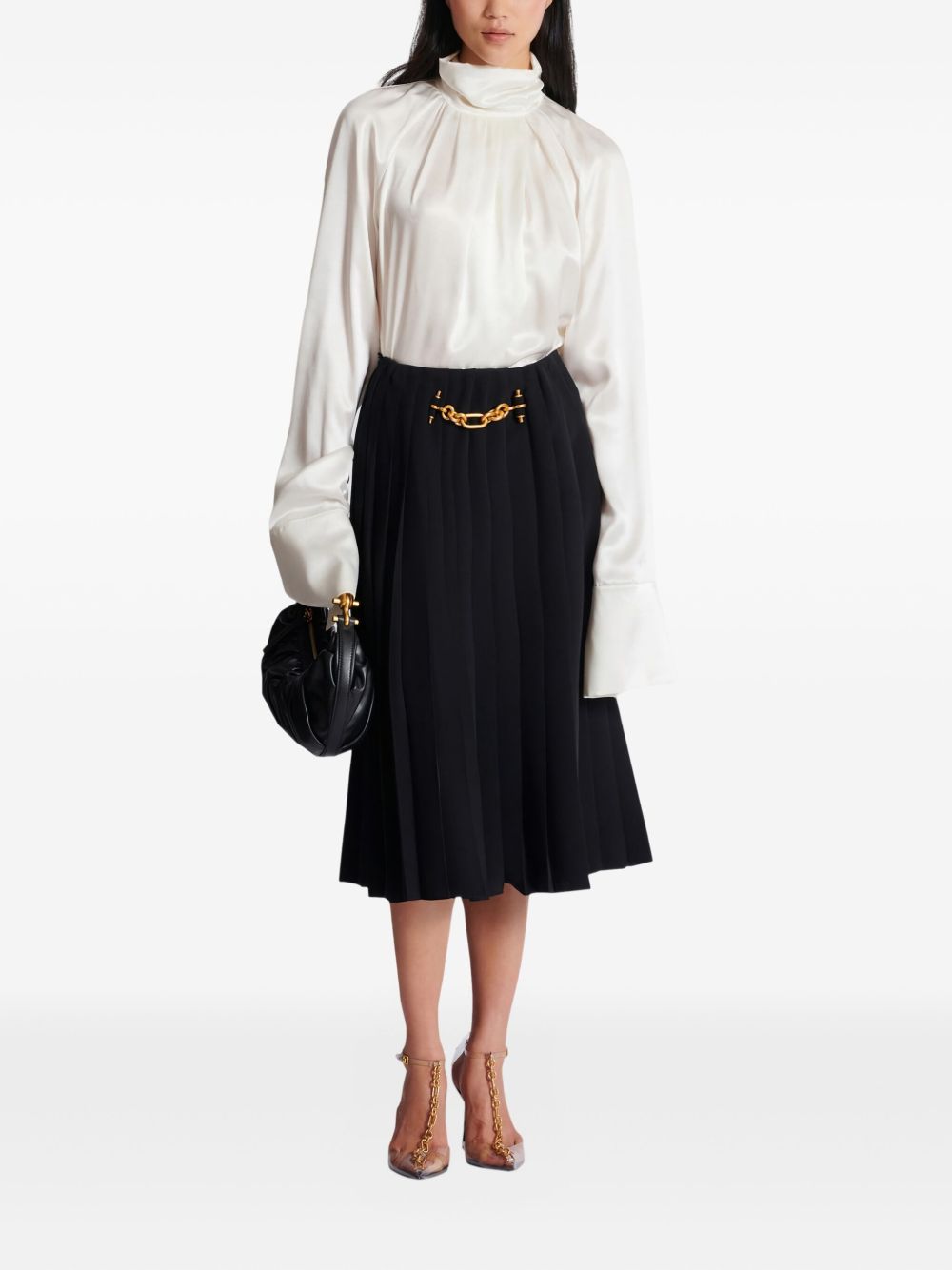 High-Neck White Top With Gathered Draped Front