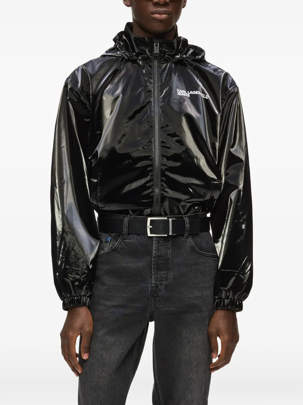 Glossy Black Finish Casual Jacket with Adjustable Hood