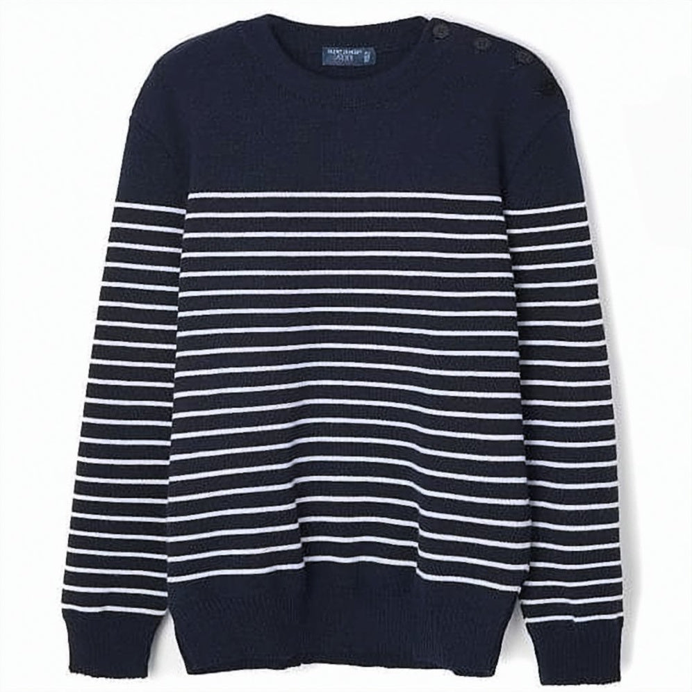 Wool Sweater With Nautical Stripe Design And Shoulder Buttons